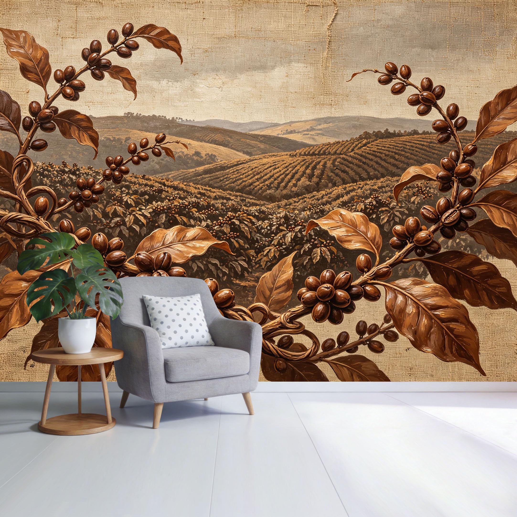 Custom Size Wall Mural Coffee Plantation Landscape Vintage Botanical Brown Leaf Pattern SelfAdhesive Wall Fabric Removable Wallpaper for Home Office Decor