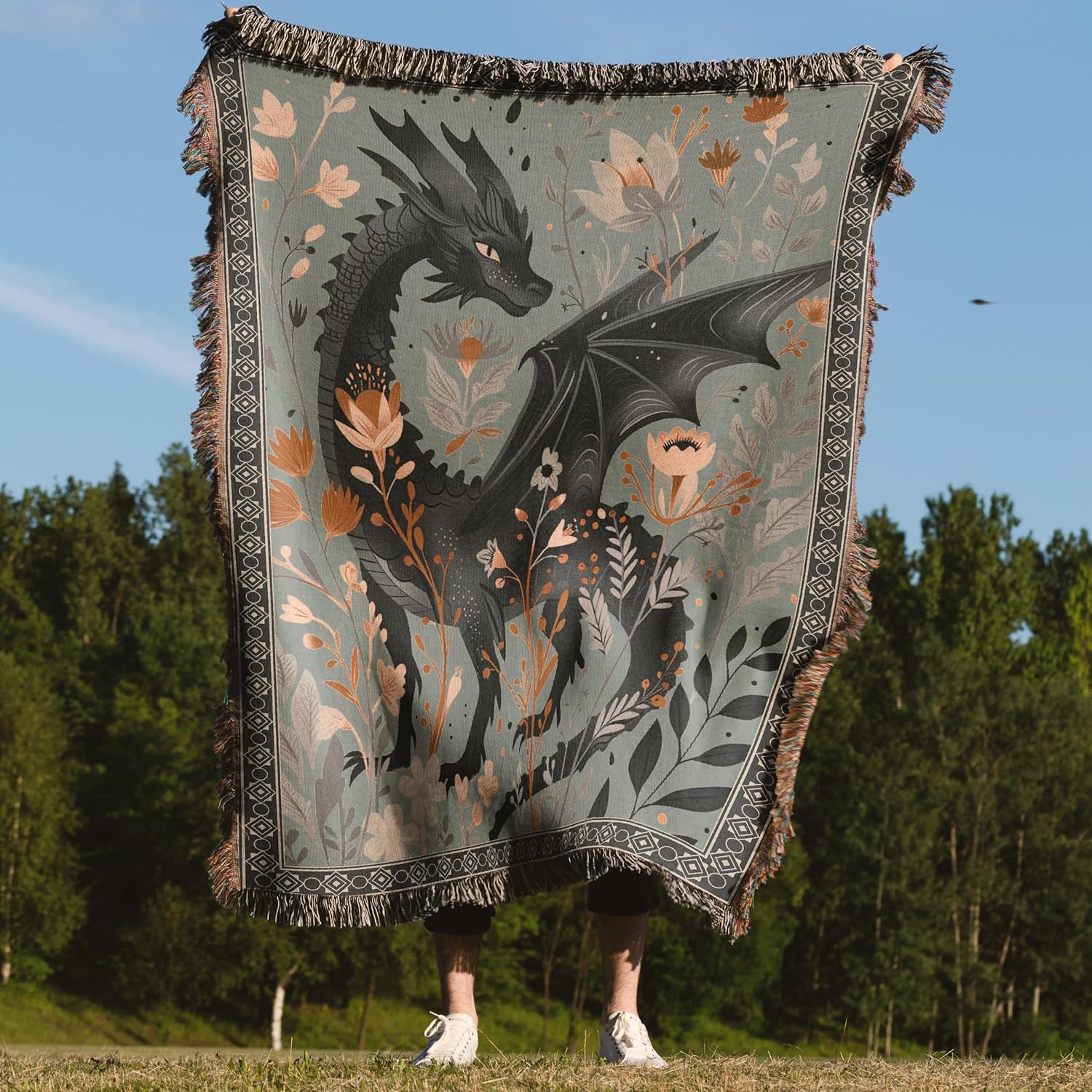 Boho Black Dragon Woven Blanket – 100% Cotton Floral Fantasy Throw, Cottagecore Bookish Decor, Made in USA, 3 Sizes - Image 9