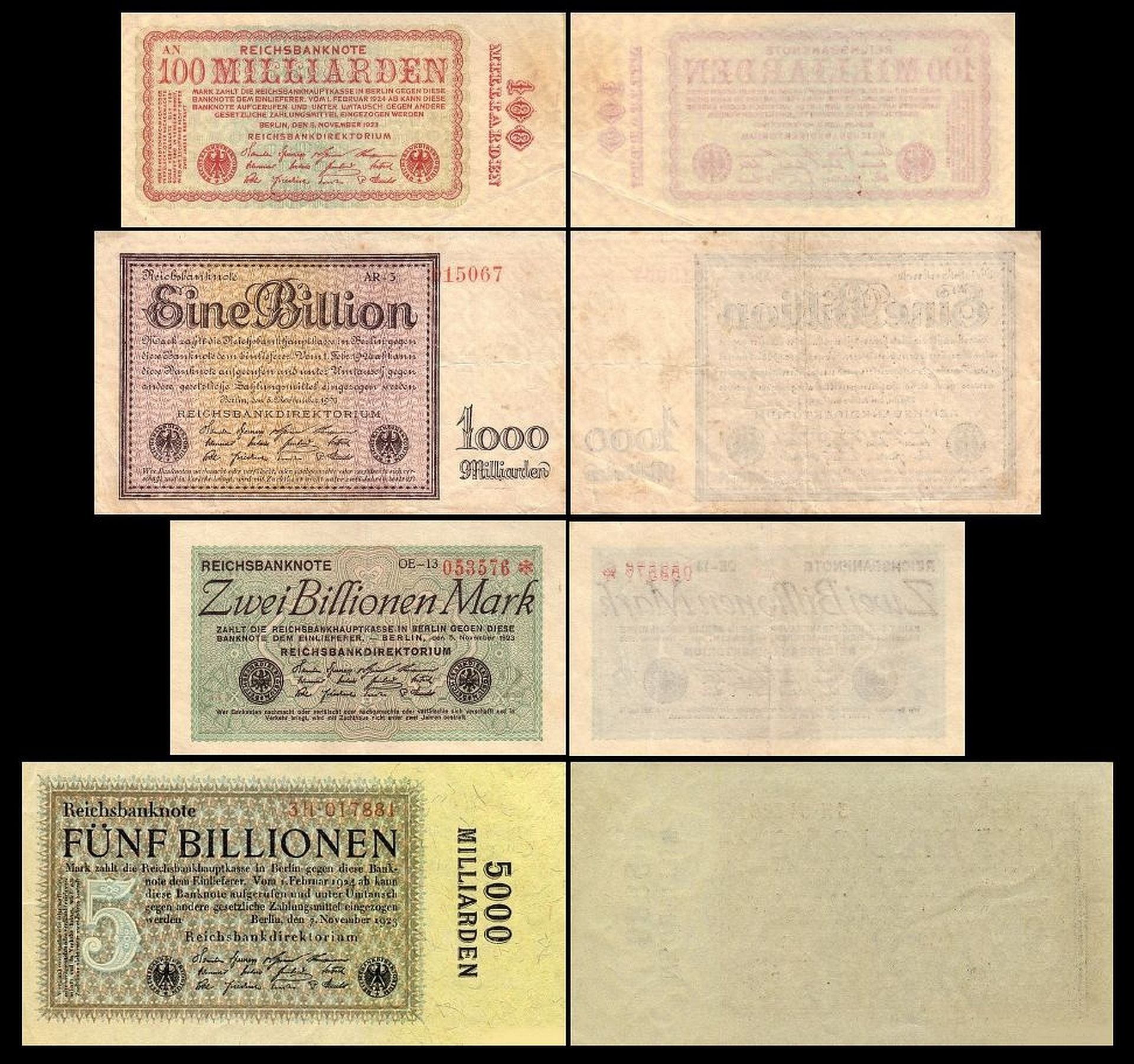 Reichsbanknoten-Reproduktion 1882–1884 – Set Mit 5 Scheinen (5 Bis 1000 Mark), Beidseitig Bedruckt