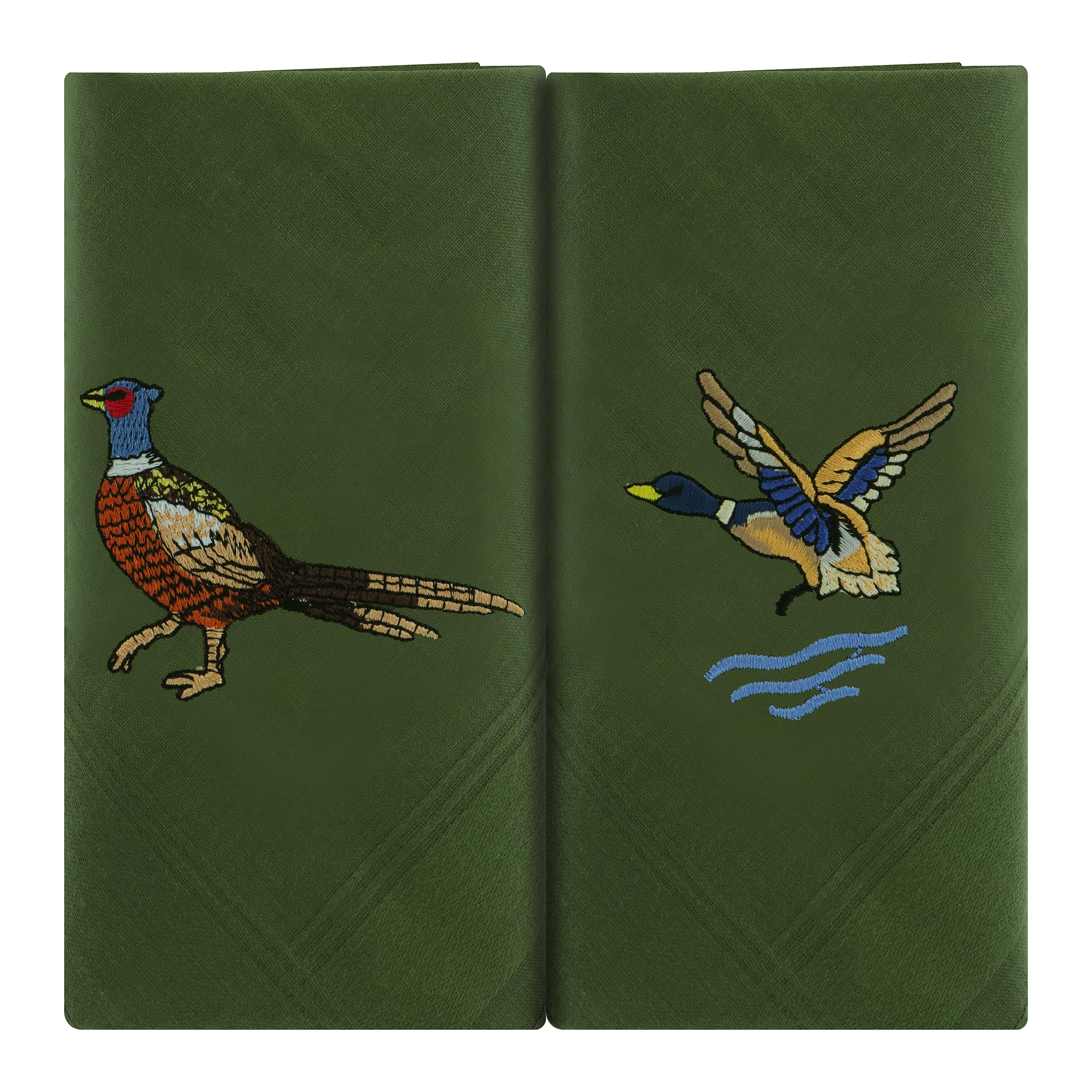 Pheasant Flying Duck Handkerchiefs 2 Mens Green Cotton Embroidered Hankies