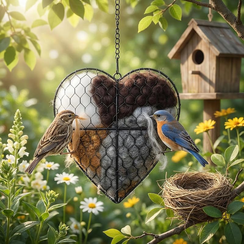 Handmade Fiber Bird Nesting Heart, Nesting Material for Wild Bird, Refillable Nesting Accessories, Hummingbird Nest/House, Outdoor Garden Decortion, Gifts for Bird/Nature Lovers (1pc)
