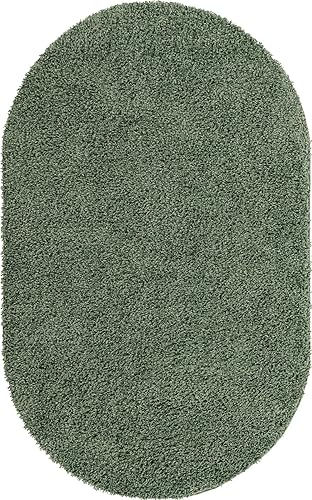 Miniatura 4 de Unique Loom Davos Shag Collection - Alfombra de área, color liso (5 pies 3 pulgadas x 8 pies, ovalada, salvia)
