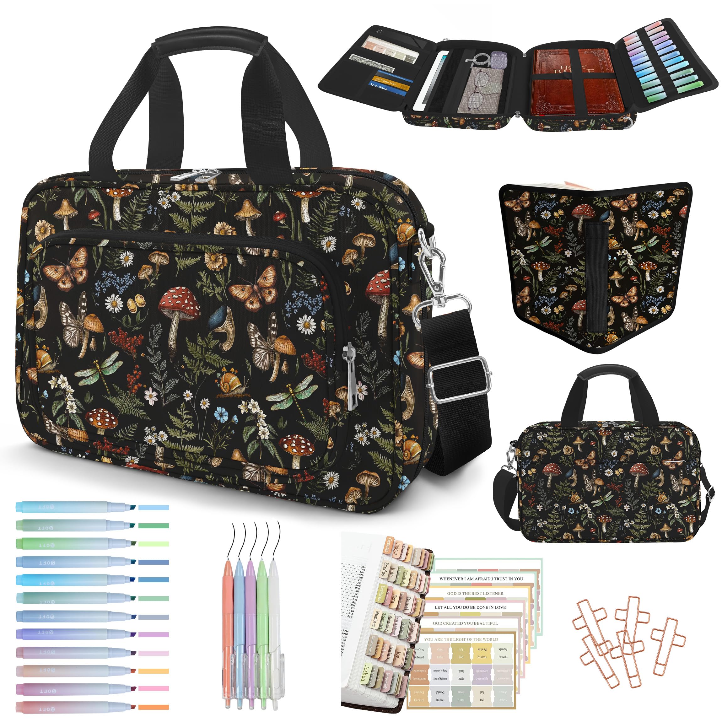 bolimoss Mushroom Butterfly Bible Cover Case for Women, Large Bible Bag with Strap Zipper Pockets, Bible Carrying Case with Handle, Bible Accessories with Pens Highlighters Cross Clips,Christian Gifts