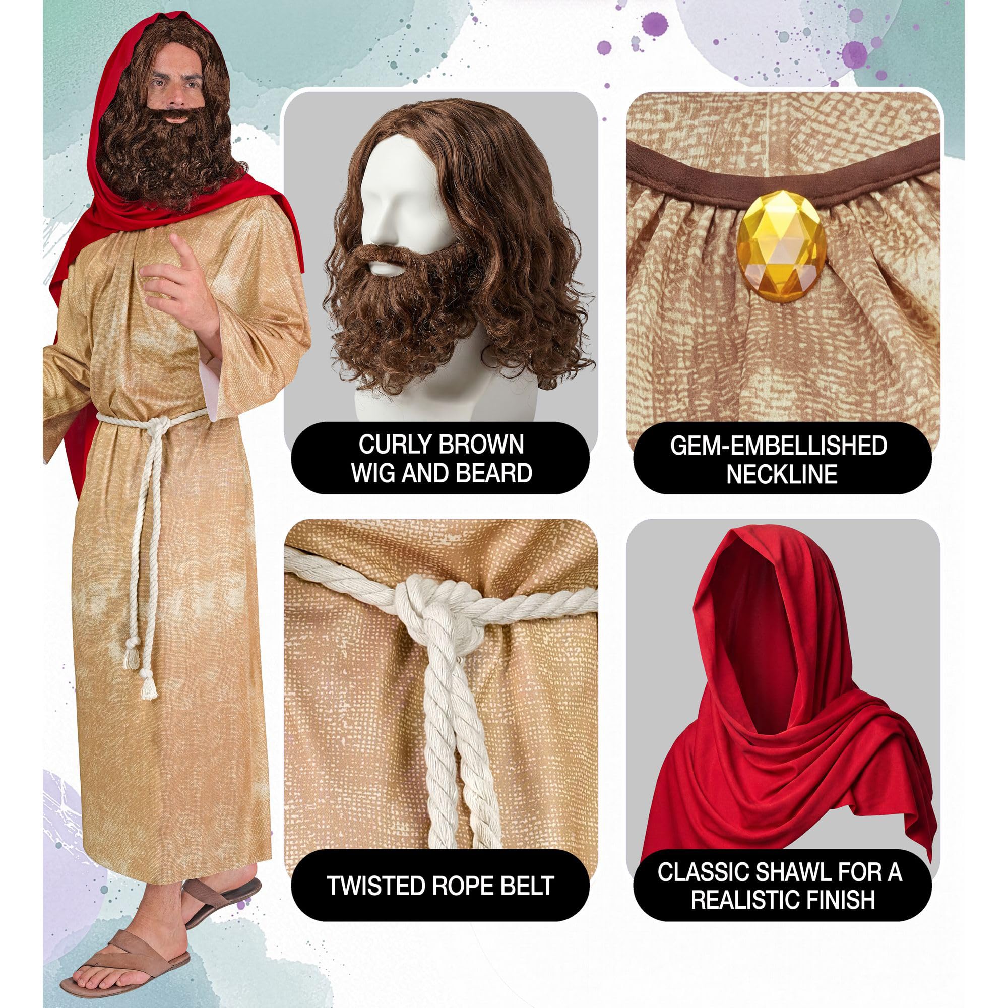 W WIDMANN MILANO Party Fashion - Messias Kostüm Herren | 5-teiliges Set mit Tunika, Gürtel, Schultertuch, Perücke und Bart für Krippenspiel, Theater, Mottopartys, Karneval