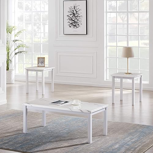 AWQM Faux Marble Coffee Table Set, Occasional Table Set of 3, Includes Accent Table & 2 Sofa Side End Tables for Living Room, White Metal Frame, White