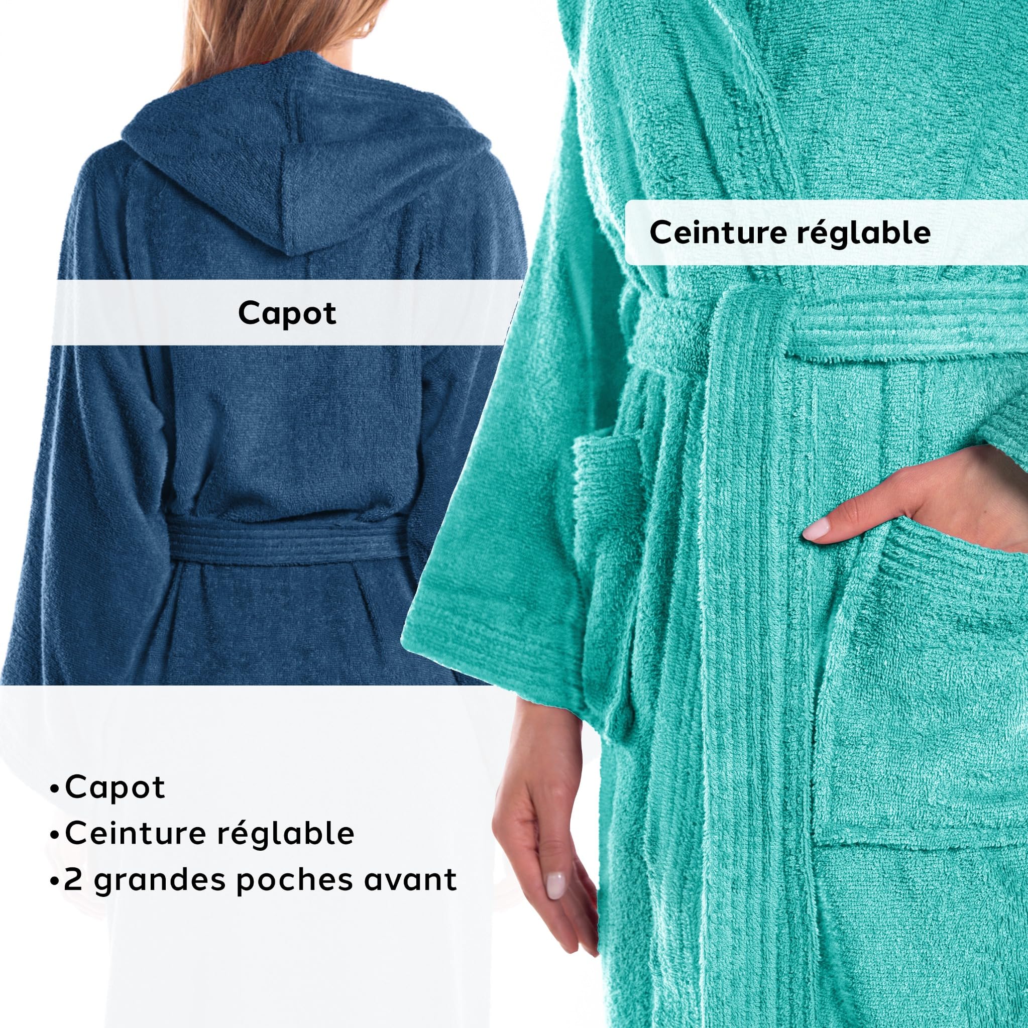Caleffi Peignoir pour homme, peignoir pour femme en éponge de coton, peignoir pour homme, éponge avec capuche, peignoir de piscine, doux et absorbant, séchage rapide
