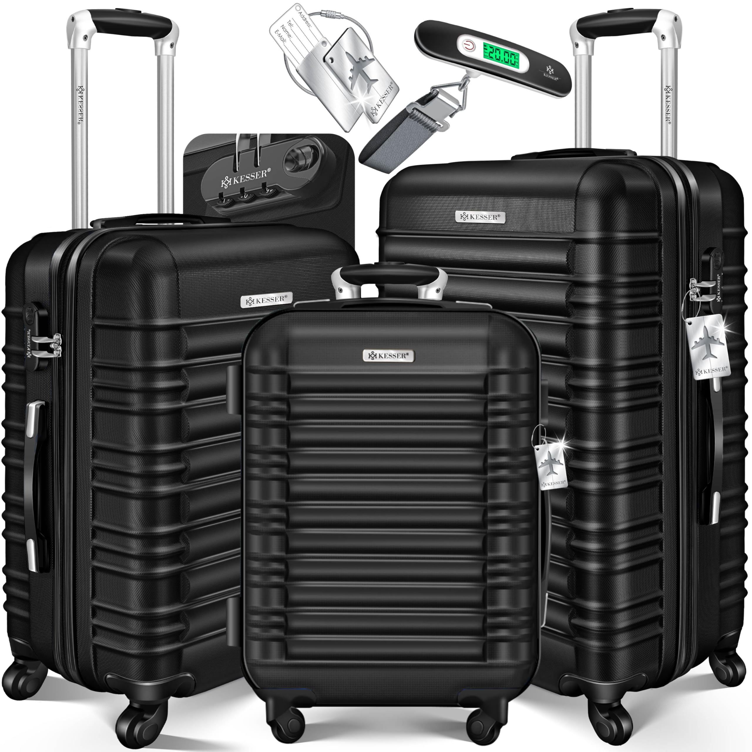 KESSER® 3tlg. Hartschalenkofferset Hartschalenkoffer Trolley Koffer Reisekoffer Reisekofferset Gepäck Rollkoffer Schloss 4 Rollen ABS-Hartschale Teleskopgriff inkl. Kofferwaage & 3X Anhänger M-L-XL