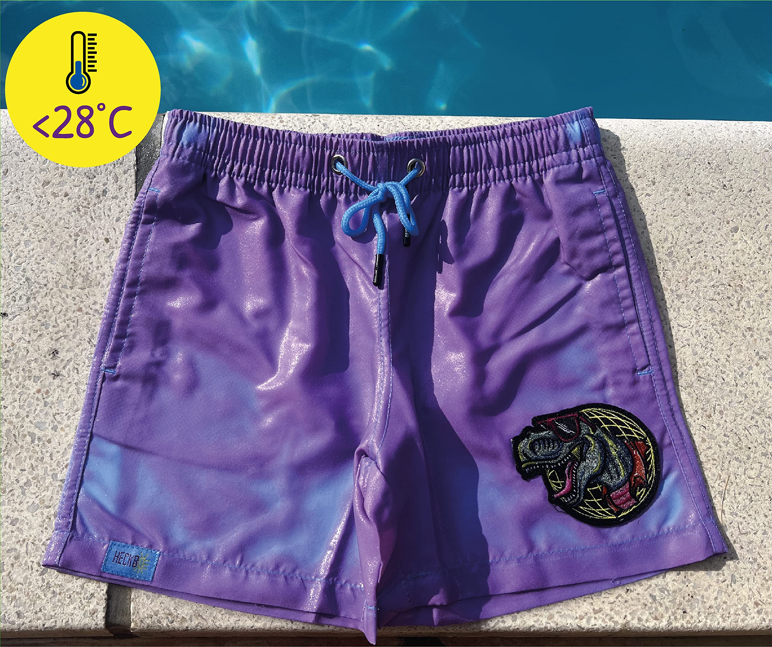 HECKBO Magic Farbwechsel Badehose für Jungen - Dinosaurier Dino - wechselt bei 30° die Farbe - Stretch Hose - hellblau Lila - Badeshorts - Shorts - 3 Verschiedene Größen - 3-7 Jahre - Kinder Jungs