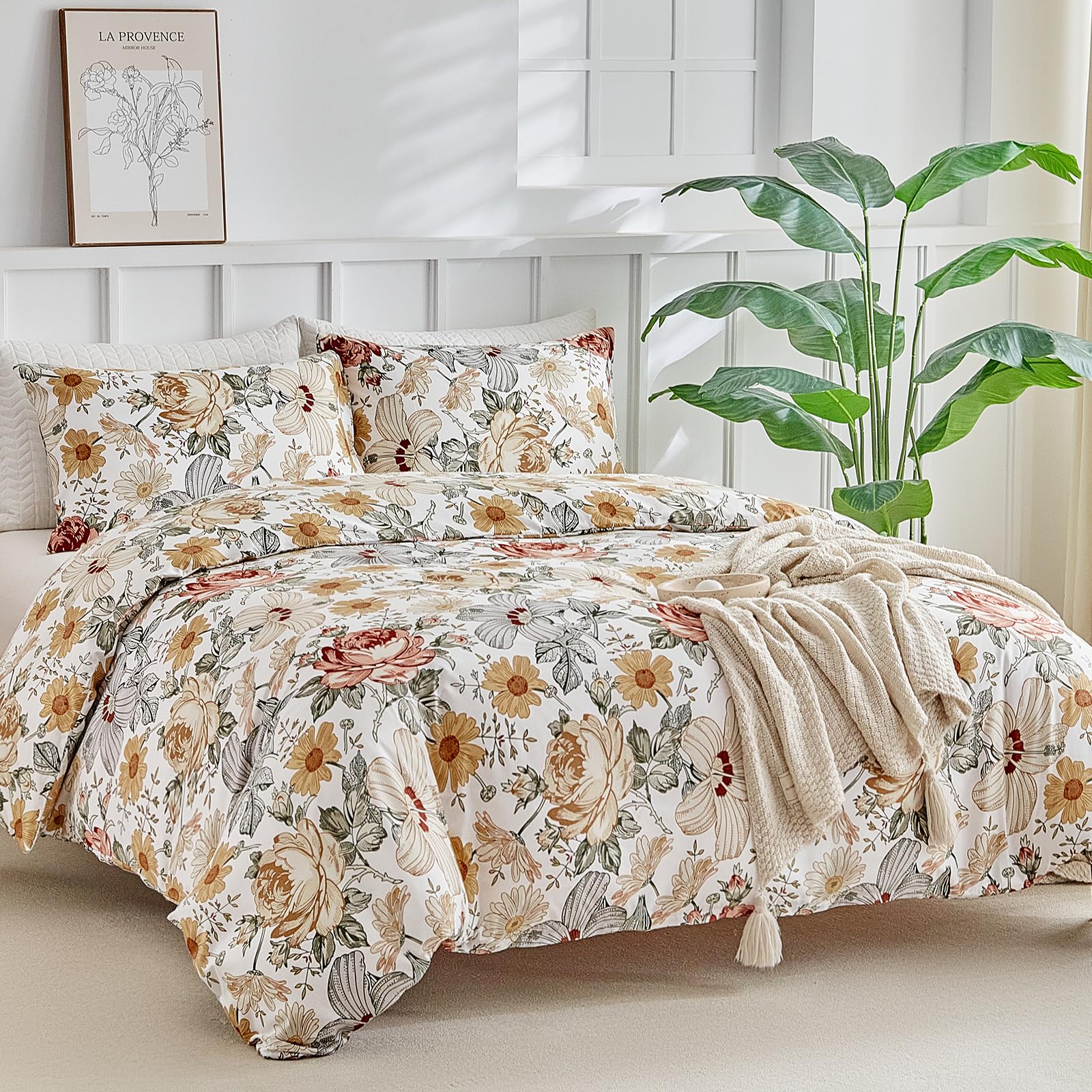 Lekesky Double Bed Linen Set 240 x 220 cm, 3-Piece Microfibre Bedding Set with Watercolour Pattern, Consisting of 1 Duvet Cover 240 x 220 cm + 2 Pillowcases 50 x 80 cm, Colourful Flowers — image 1