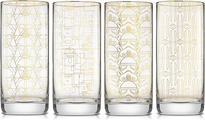 JoyJolt Star Wars Glassware. 'Deco' Highball Glasses Set of 4, 13.5oz Star Wars Glasses. Highball Glass Tumbler with Darth Vader in a Retro Crystal Glass Cup. Tall Drinking Water Glasses For Kitchen