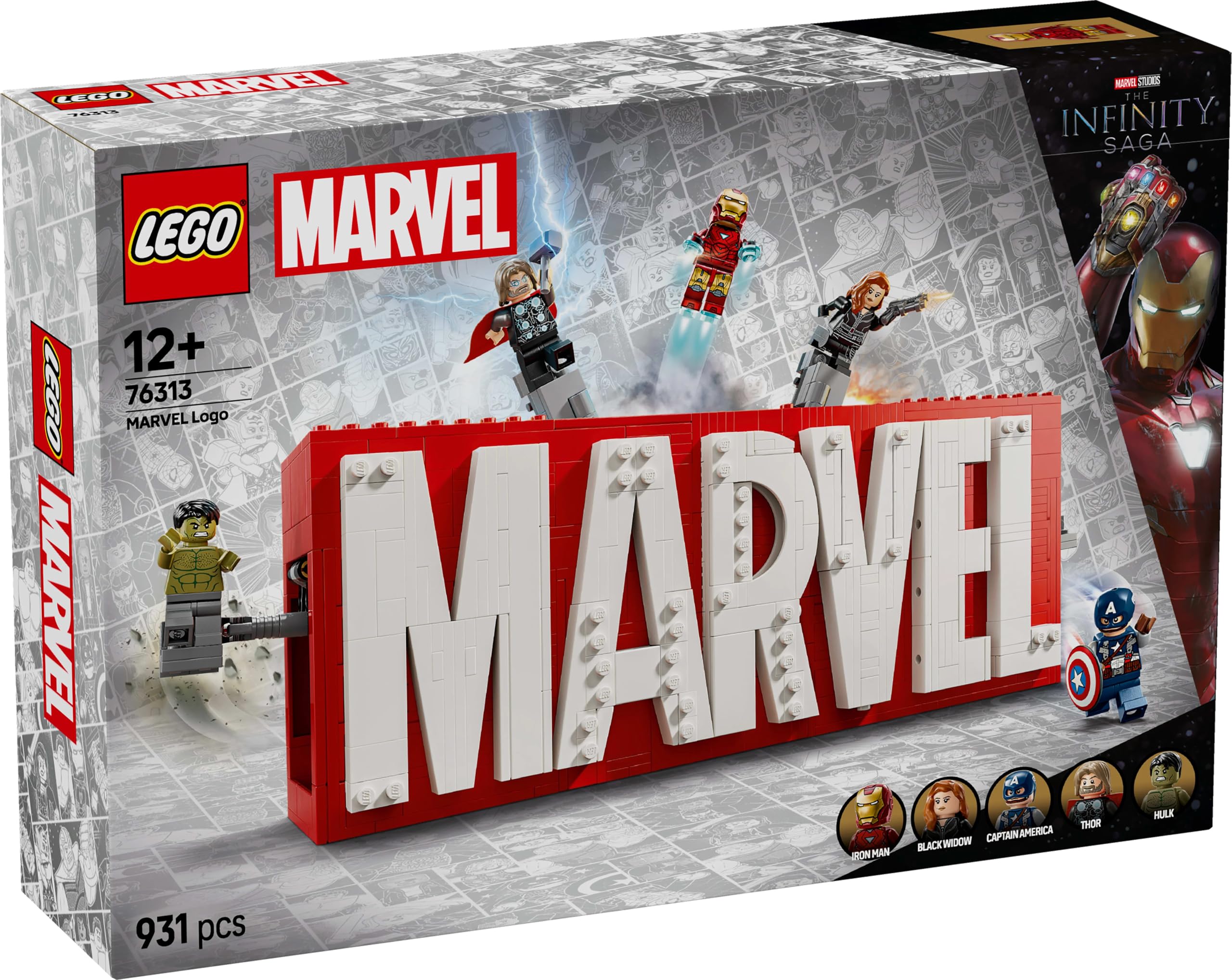 LEGO | Marvel Logo MARVEL z minifigurkami 76313 | Zestaw kolekcjonerski, model do ekspozycji, prezent dla fana superbohaterów 12+, dla nastolatków, 931 elementów