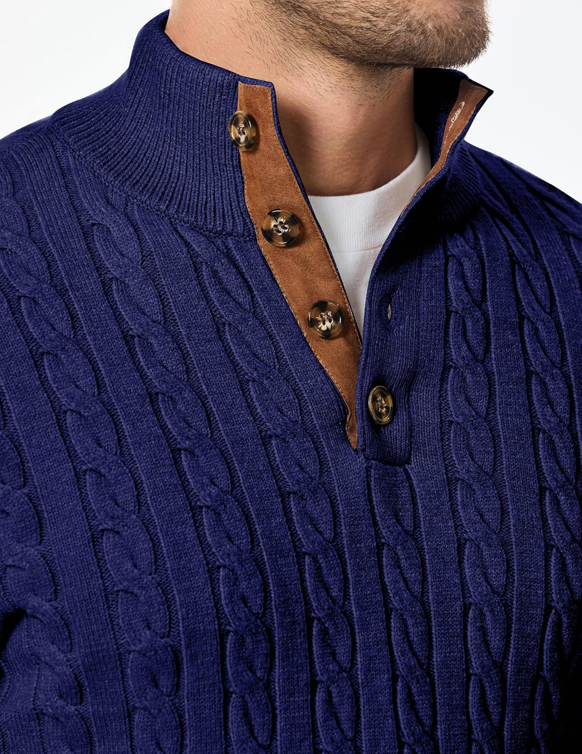 JMIERR Men's Cable Knit Pullover Sweater Casual Long Sleeve Stand Collar Button Knitted Sweaters - Image 5