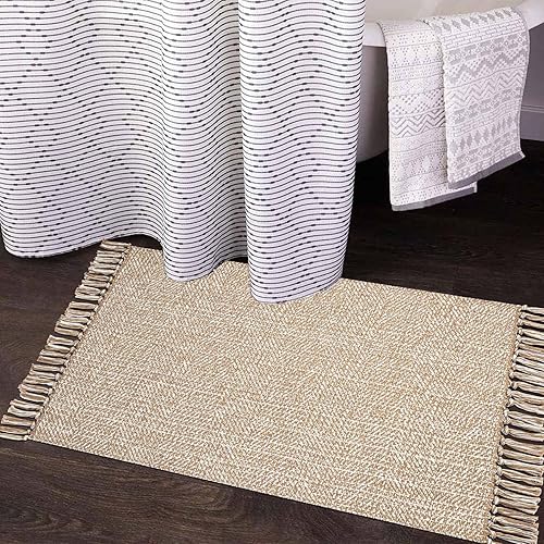 Miniatura 6 de Alfombra de baño bohemia, 2 x 3 pies, color marrón crema, pequeña, lavable, alfombra de granja con borlas, alfombra de algodón tejida para entrada