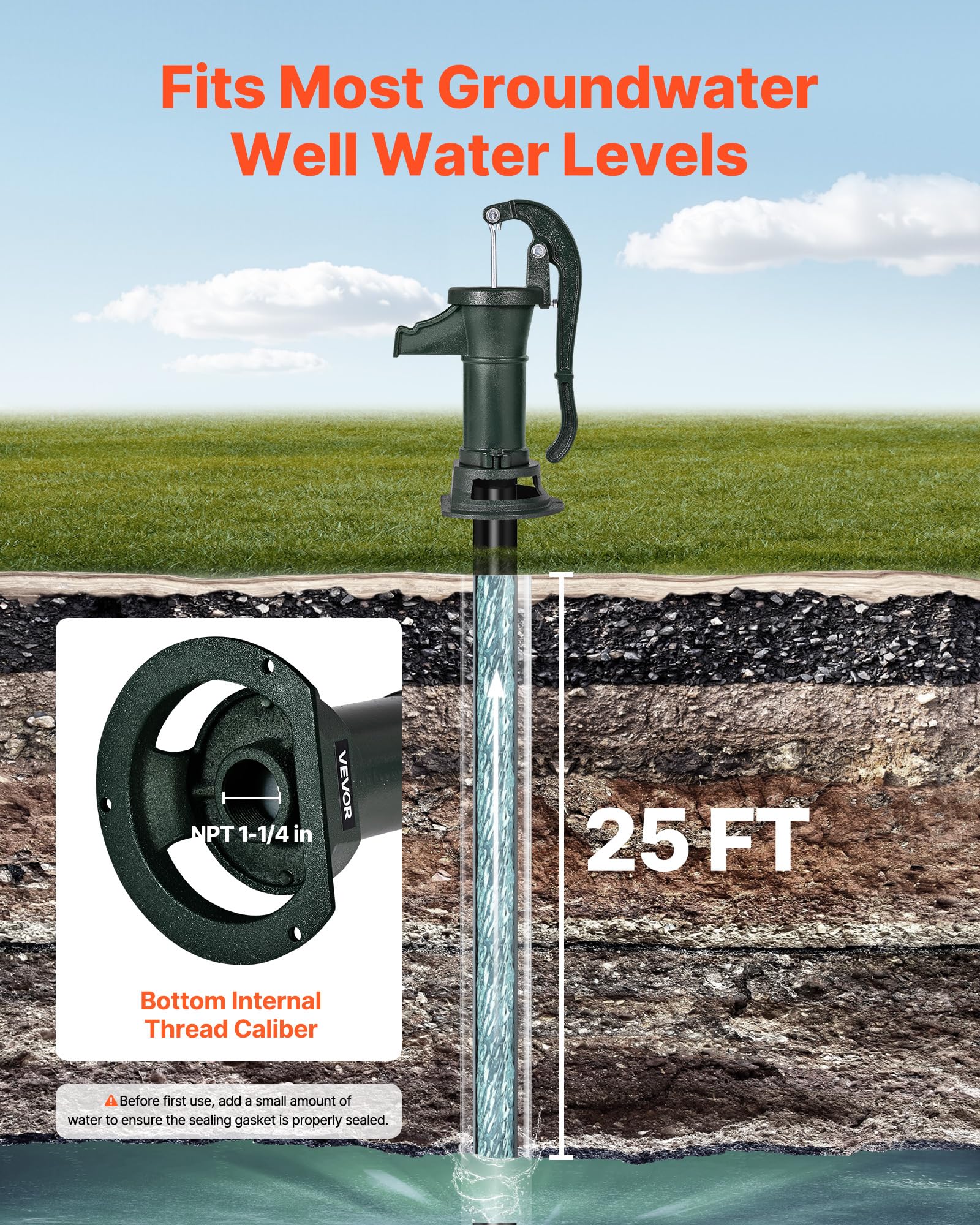 VEVOR Bomba Manual Antigua, 7,6 m de Elevación, de Hierro Fundido, para Pozo, con Conexión NPT, Diseño de Orificio Triangular, para Jardín, Estanque, Patio y Granja, Verde, 230 x 180 x 400 mm