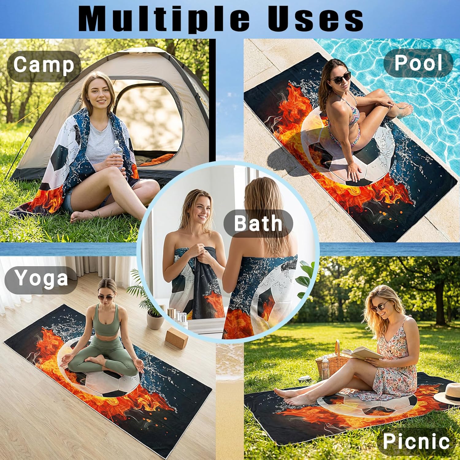 Large Soccer Beach Towel - 71" x 35" Oversized Microfiber Sand Free Quick Dry Absorbent Compact Sports Beach Towel for Pool Travel Gym Bath Camping- Cool Soccer Fan Gifts for Men Women Summer Vacation