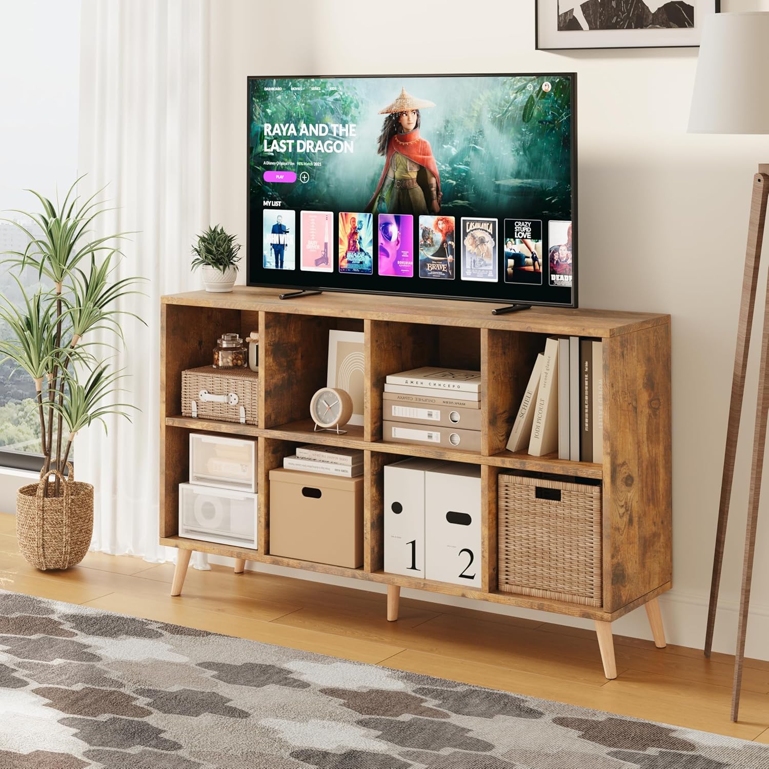 8-Cube Bookshelf 2 Tier Retro Bookcase with Legs, 11in Shelf Opening, 47" Wood Bookshelves Storage Organizer Shelf, Freestanding Open Book Shelves for Bedroom Living Room Office, Vintage Brown