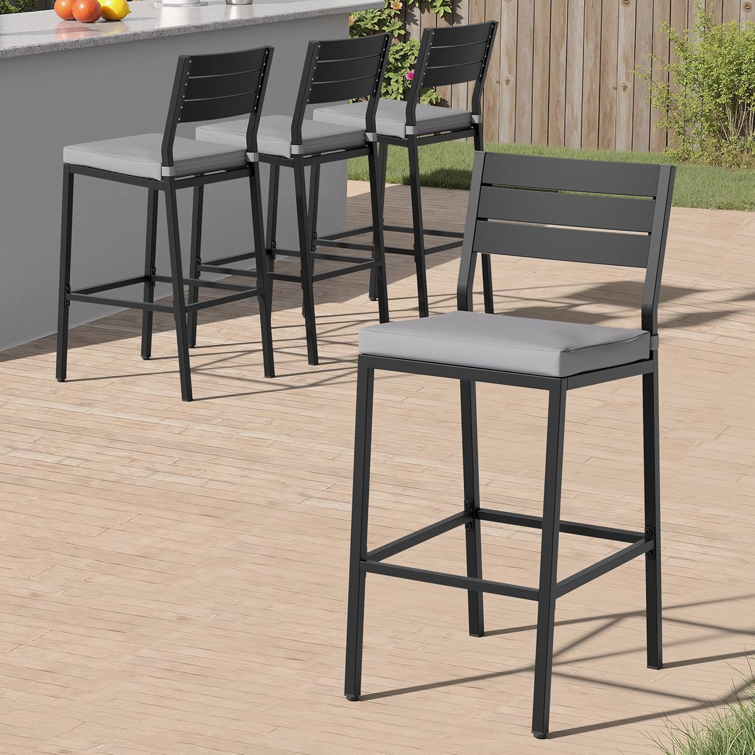 Crestlive Products Outdoor Bar Stools Set of 4, Patio Counter Height Barstools with Cushions, Tall Chairs with Back and Footrest for Deck, Lawn, Garden, Backyard, Poolside, Or Indoor Use (Light Gray)