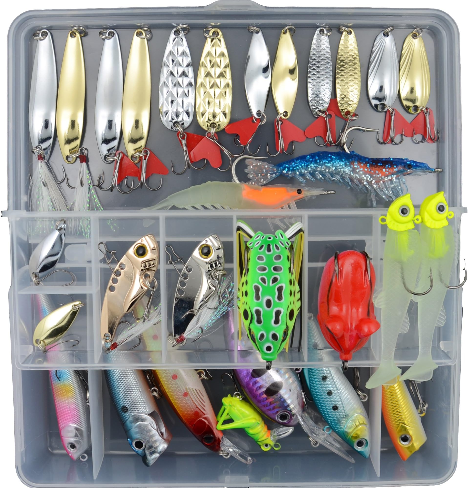 AGadget Fishing Lure Kit 30PCS Kinds of Baits Spinner Metal VIB Diving Bass Lures Minnow Crankbaits Jig Head Soft Frogs Shrimps with Tackle Box
