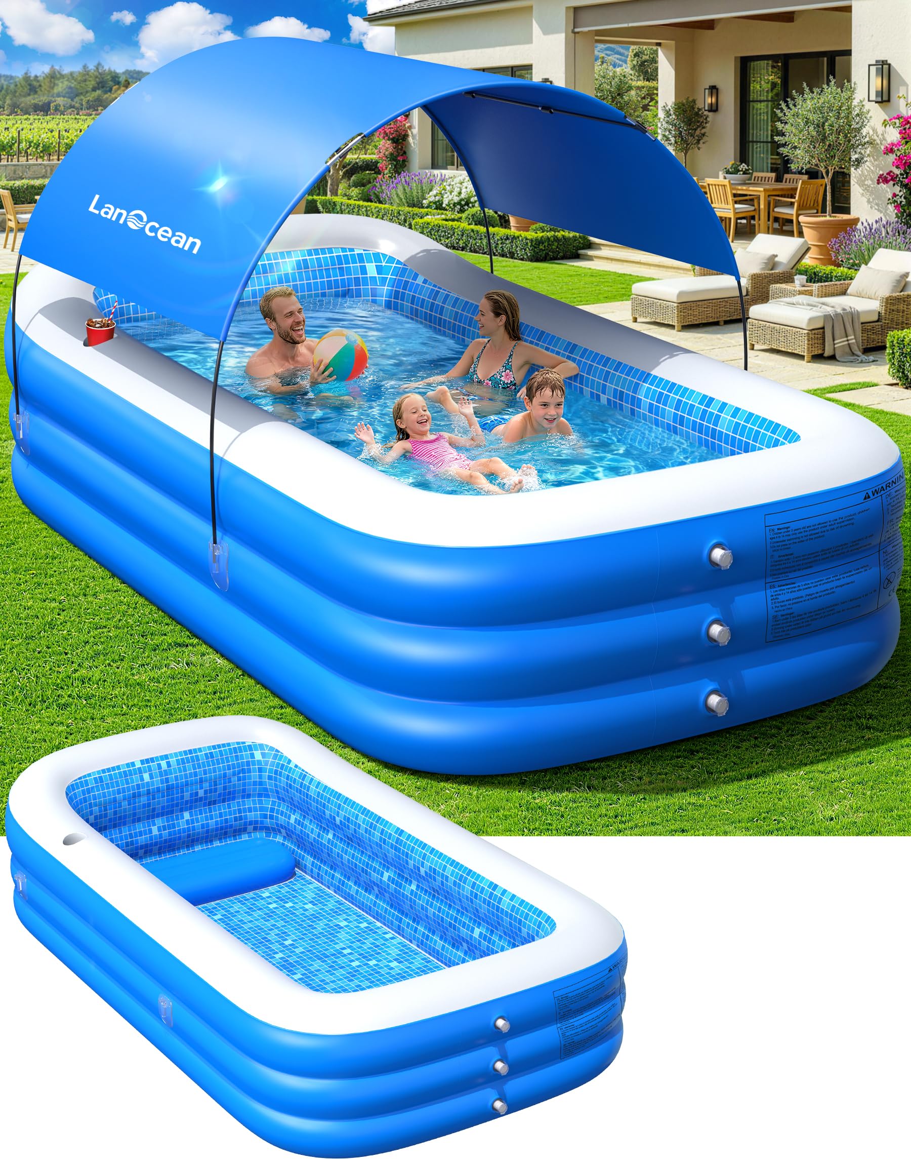 LanOcean Luftmatratze Pool Erwachsene, 230 * 170CM Pool Luftmatratze XXL mit 2 Getränkehalter, Liegepool Matratze Erwachsene mit Kopfstütze, Luftmatratzen 2 Personen Wasser Matratze für Pools Garten