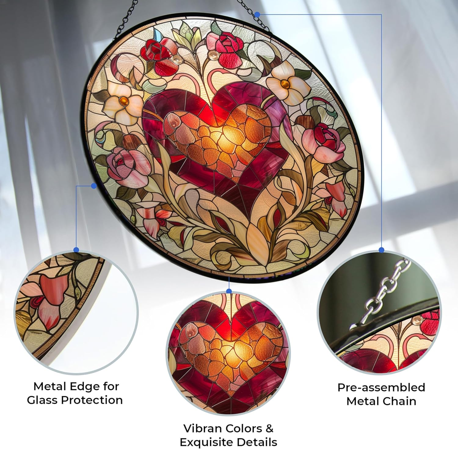 Valentine Heart Stained Glass Window Hanging Window Suncatcher 12" Glass Panel with Metal Chain Sun Catchers Wall Art Home Decor Gift for Women Mother's Day