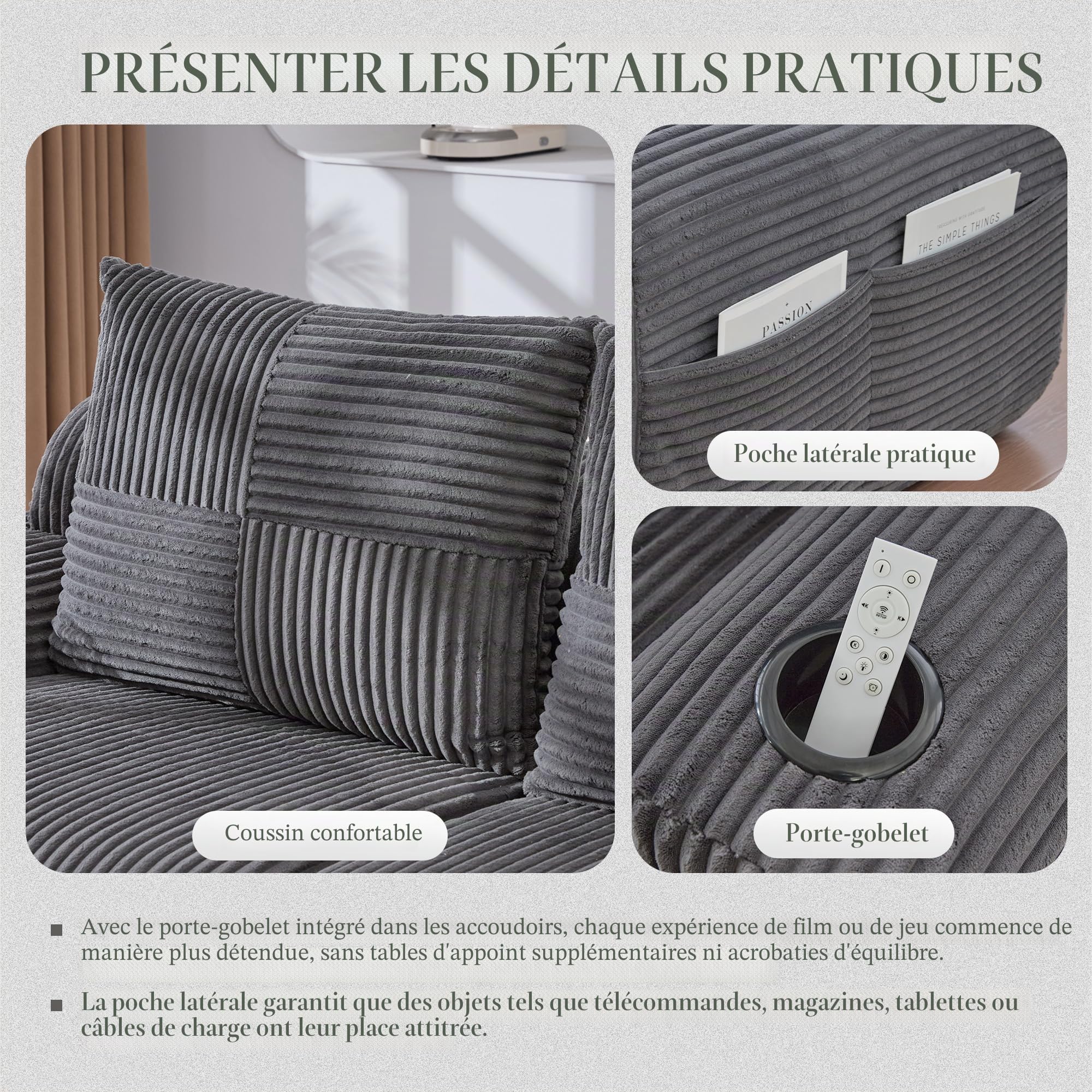 Yihomfy Canapé Modulaire en Velours Corde, Canapé d'angle en Forme de L, Configuration Libre, avec Porte-Gobelet et Poches Latérales, Canapé Cloud pour Salon