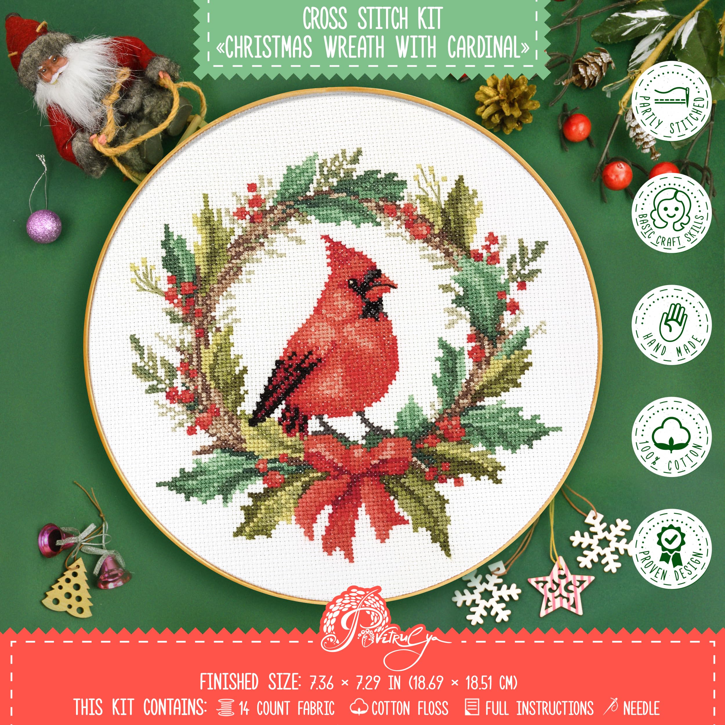 Povitrulya Christmas Wreath with Cardinal Bird - DIY Counted Cross Stitch Kit