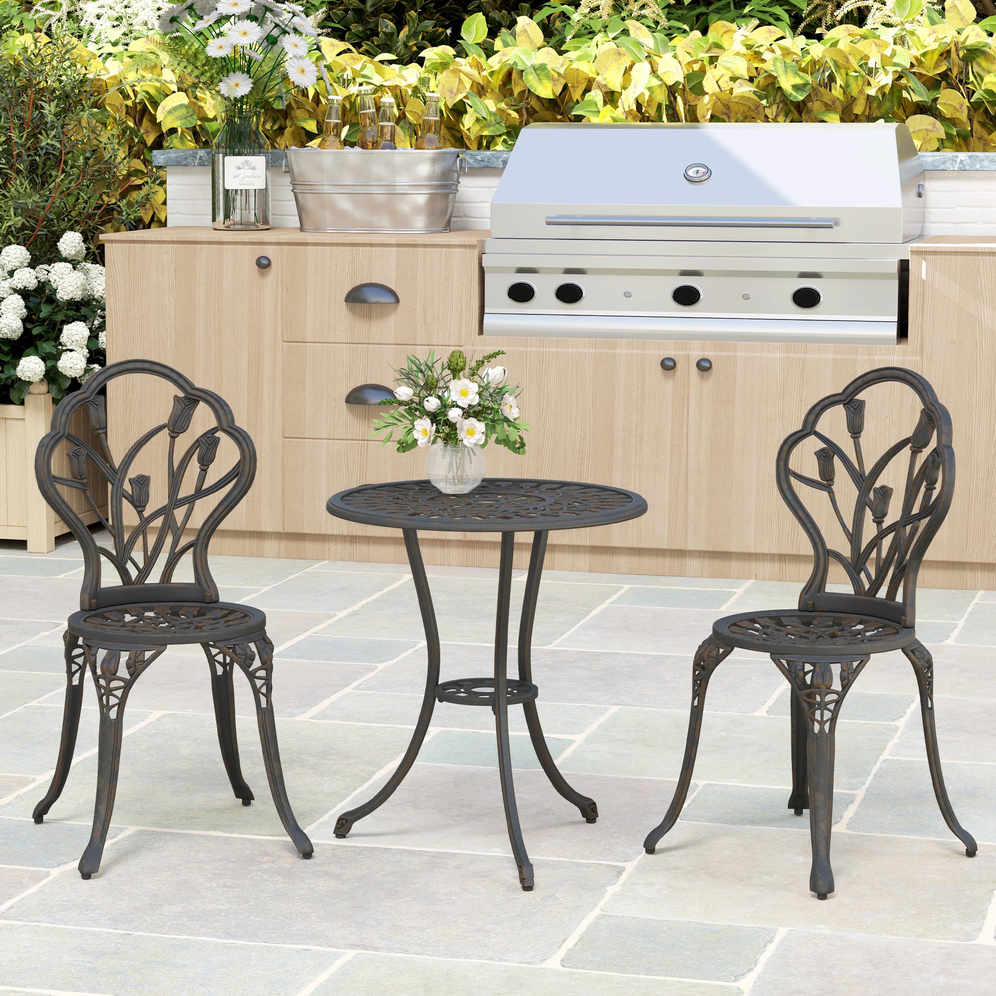 Outsunny Set de terraza de Exterior de 3 Piezas con 2 sillas de jardín y Mesa Redonda con Orificio para sombrilla, Juego de Mesa y sillas de balcón de Aluminio, para Patio, jardín, Bronce | Mesa redonda de exterior con 2 sillas, juego de balcón de alumini