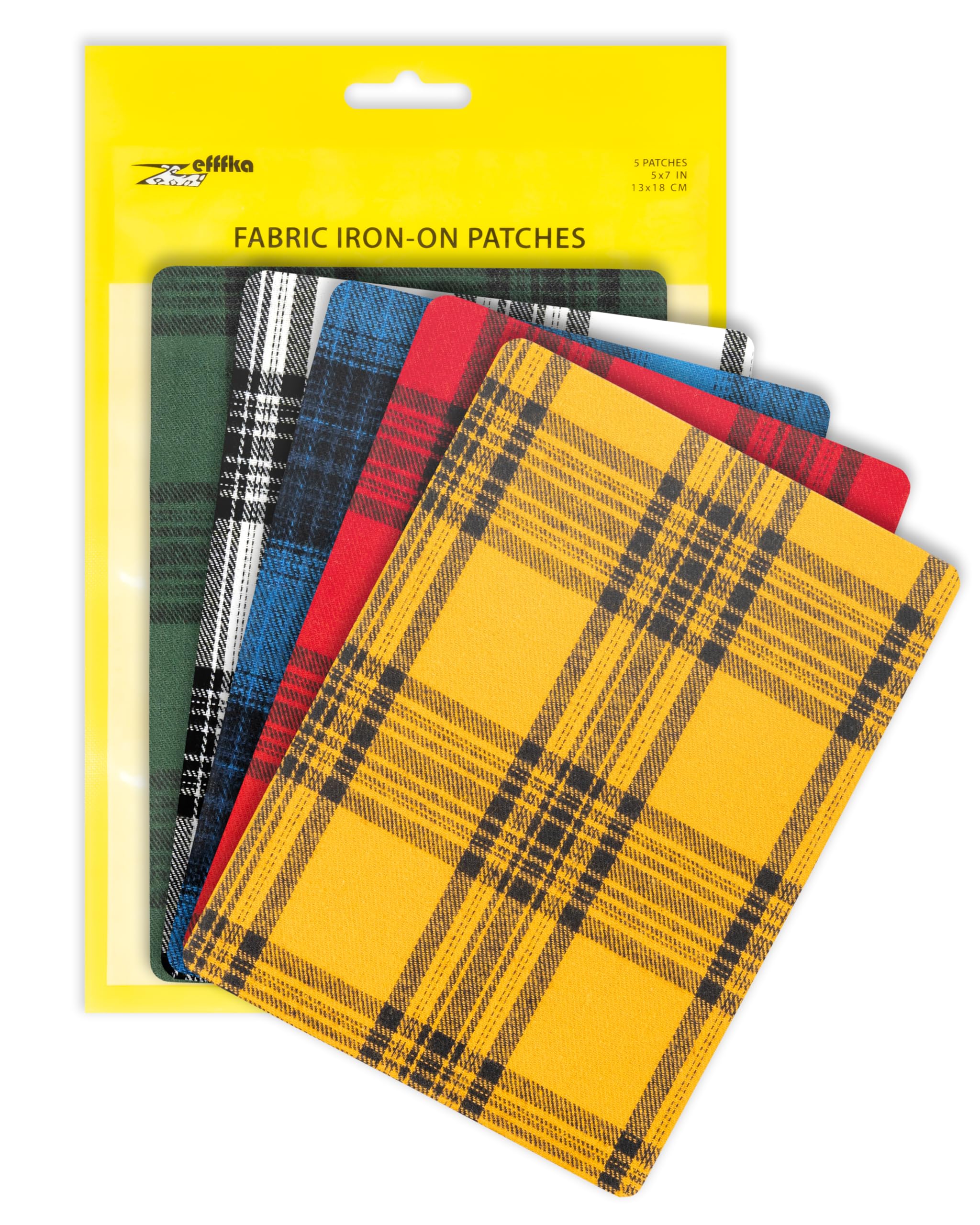 Premium Quality Large Plaid Tartan Fabric Iron-on Patches Inside & Outside Strongest Glue 100% Cotton Repair Decorating Kit Jeans Modern Cool Design 5 Pieces Size 5" by 7" (13 cm x 18 cm)