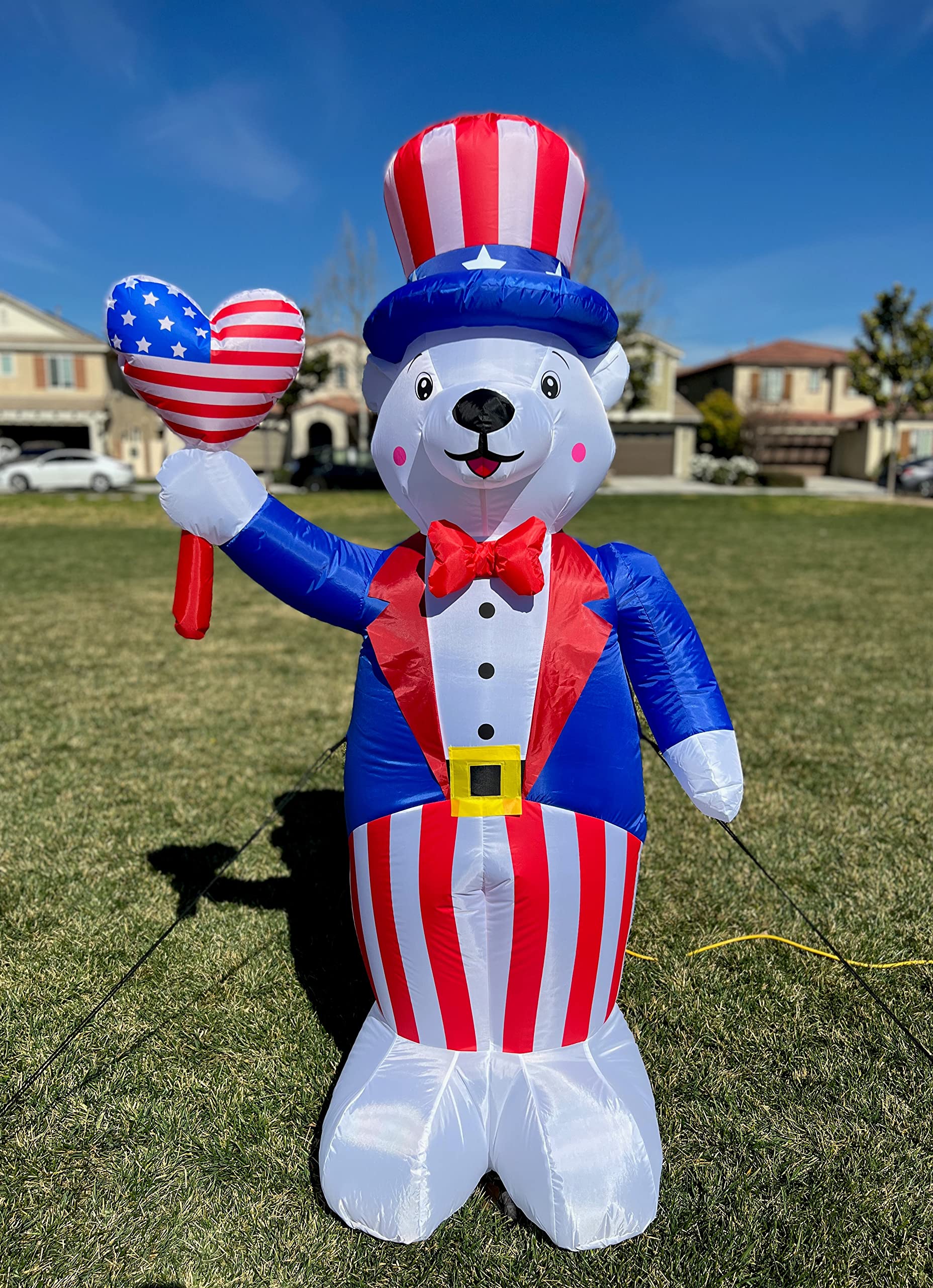 Drapeau gonflable 4 juillet de 1,8m avec Ours Polaire Oncle Sam et lumières LED pour jardin