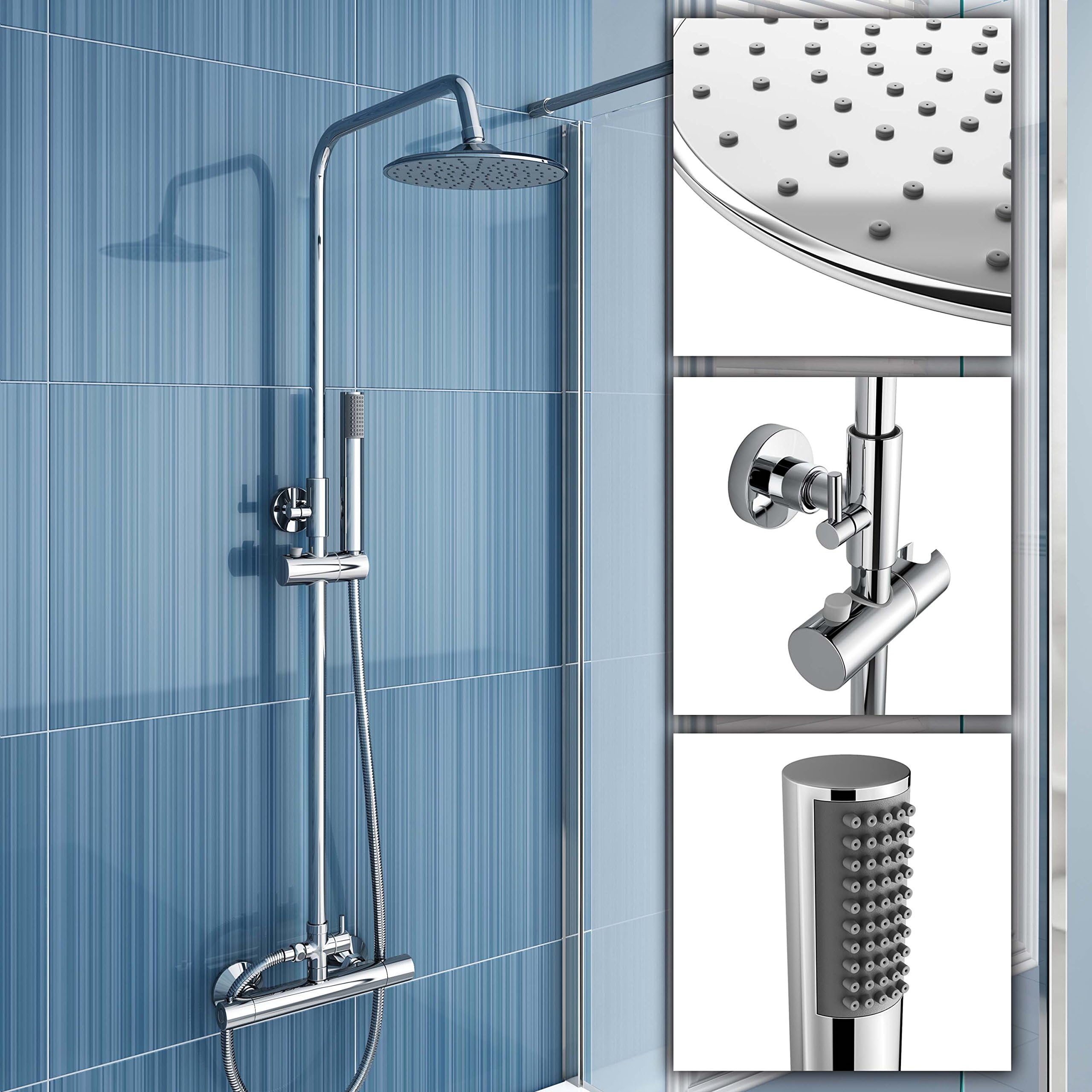 iBathUK Round Thermostatic Bar Mixer Shower Set Chrome Valve 8" Head + Handset