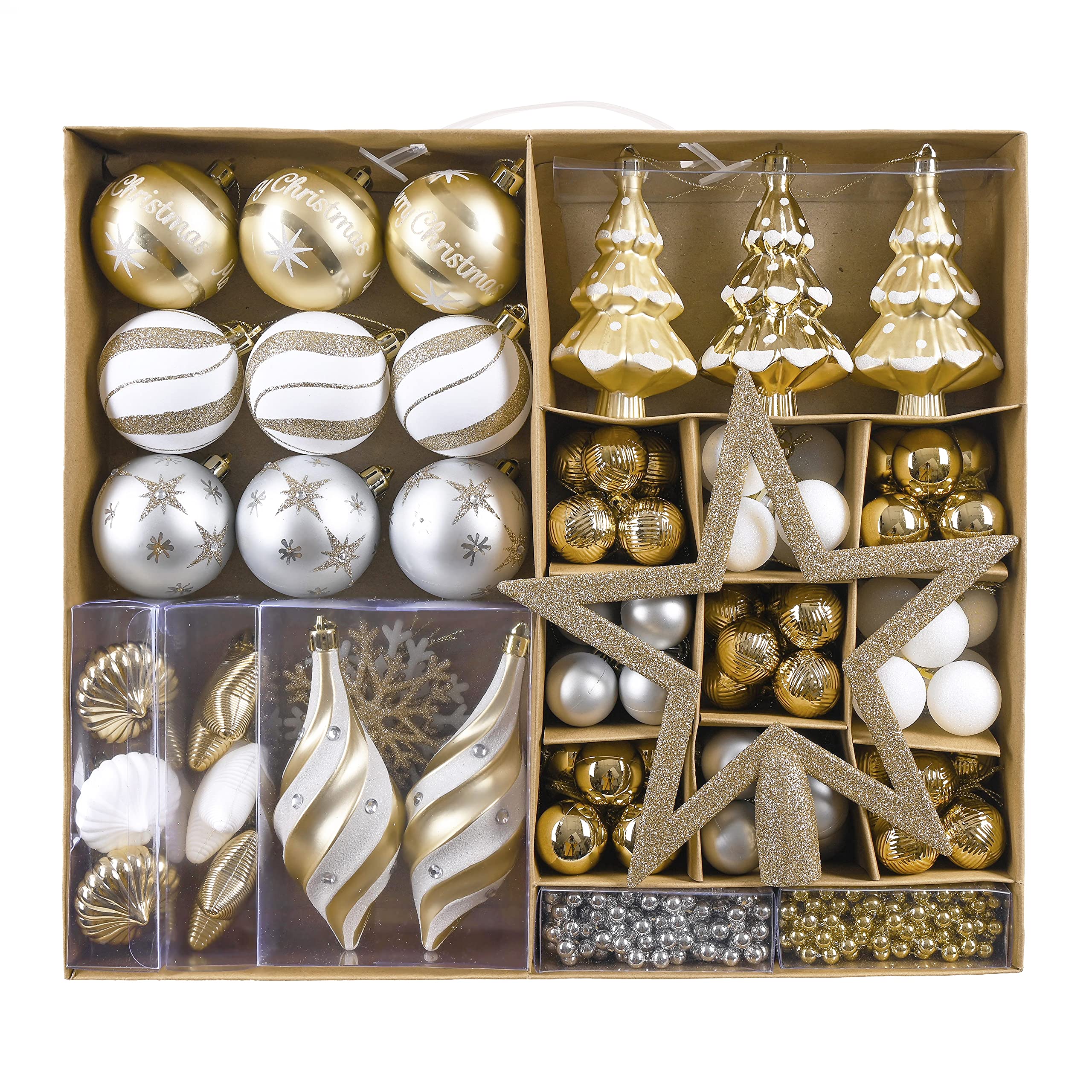 Valery Madelyn Bolas de Navidad Elegante Blanco y Dorado, Adornos de Bolas Plásticas Infrangibles, con Caja de Papel Kraft, para la Decoración del Árbol de Navidad (Juego de 90)