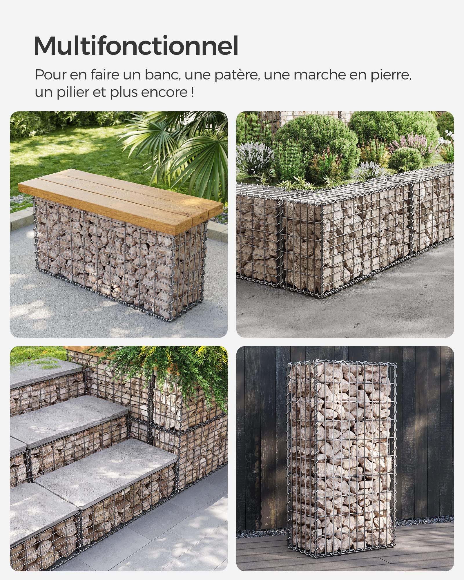 SONGMICS Gabion pour Pierre, Cage en Métal, Panier à Pierre, Maille 5 x 10 cm, Galvanisé, Mur, Paterre, Décoration de Jardin, 100 x 50 x 30 cm, Argent GGB153