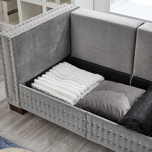 Miniatura 5 de Sofá de terciopelo de 3 plazas de 84.5 pulgadas de ancho con almacenamiento, sofá Chesterfield moderno de mediados de siglo, sofá biplaza tapizado