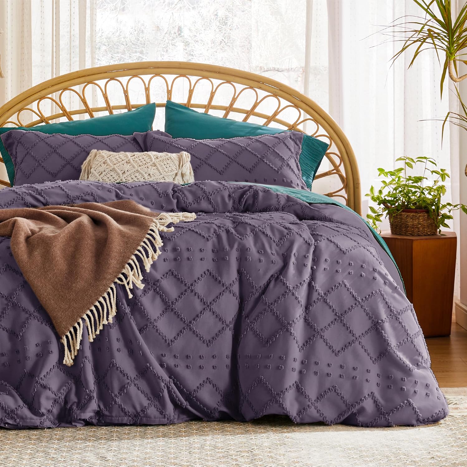 Bedsure Boho Duvet Cover Queen Size - Boho Bedding, Tufted Queen Duvet Cover for All Seasons, 3 Pieces Embroidery Shabby Chic Home Bedding,Comforter Not Included (Grayish Purple, 90" x 90") 11 - Grayish Purple (No Comforter) Queen (90" x 90")