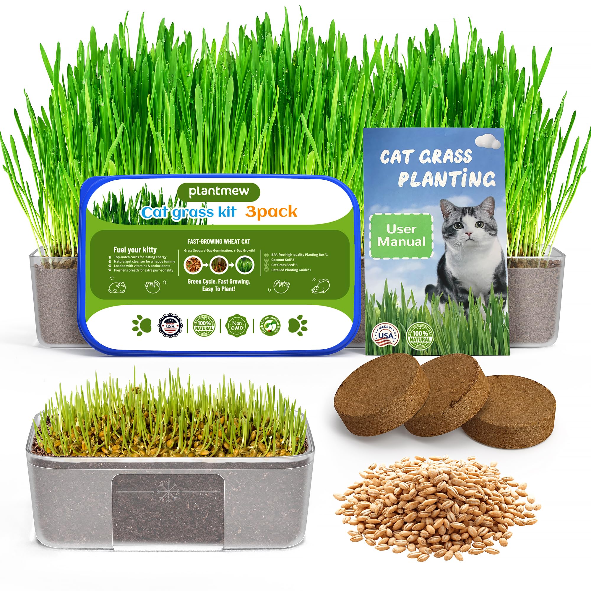 Cat Grass Kit for Indoor Cats - 3 Pack | Pet Wheat Grass Seeds, Grows in 7 Days | Digestive Health & Reduces Hairball | Gift for Cat Lovers with BPA-Free Planters, Soil & Non-GMO Seeds
