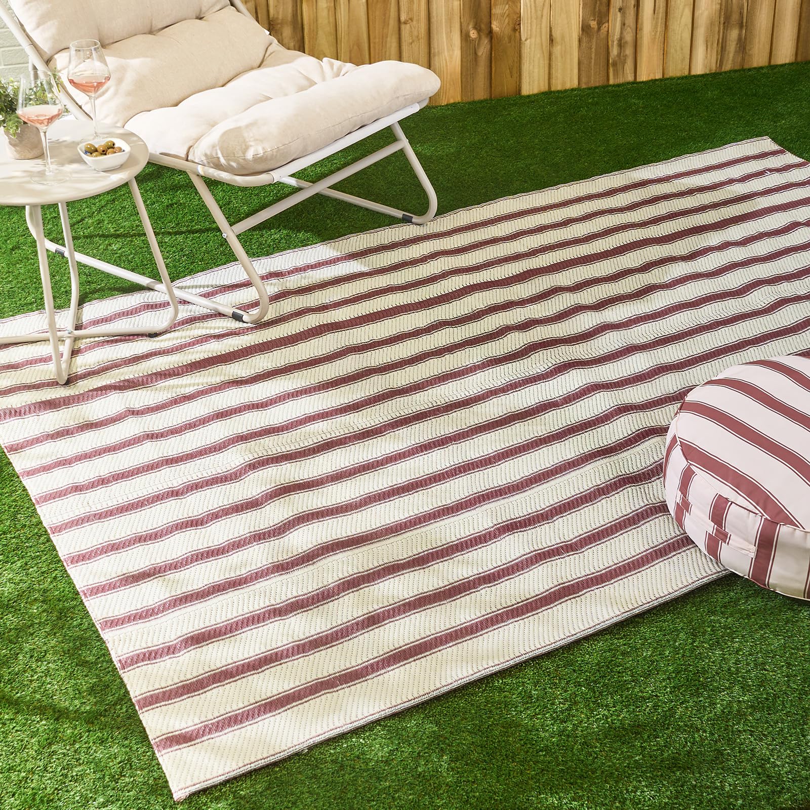 OHS Outdoor Rug Vintage Stripe, Garden Rug Water Resistant Foldable Non Slip Large Rug Reversible Decking Tiles Outdoor Carpet for Patio Poolside Porch Picnic Camping, Chocolate/Cream - 160 x 230cm