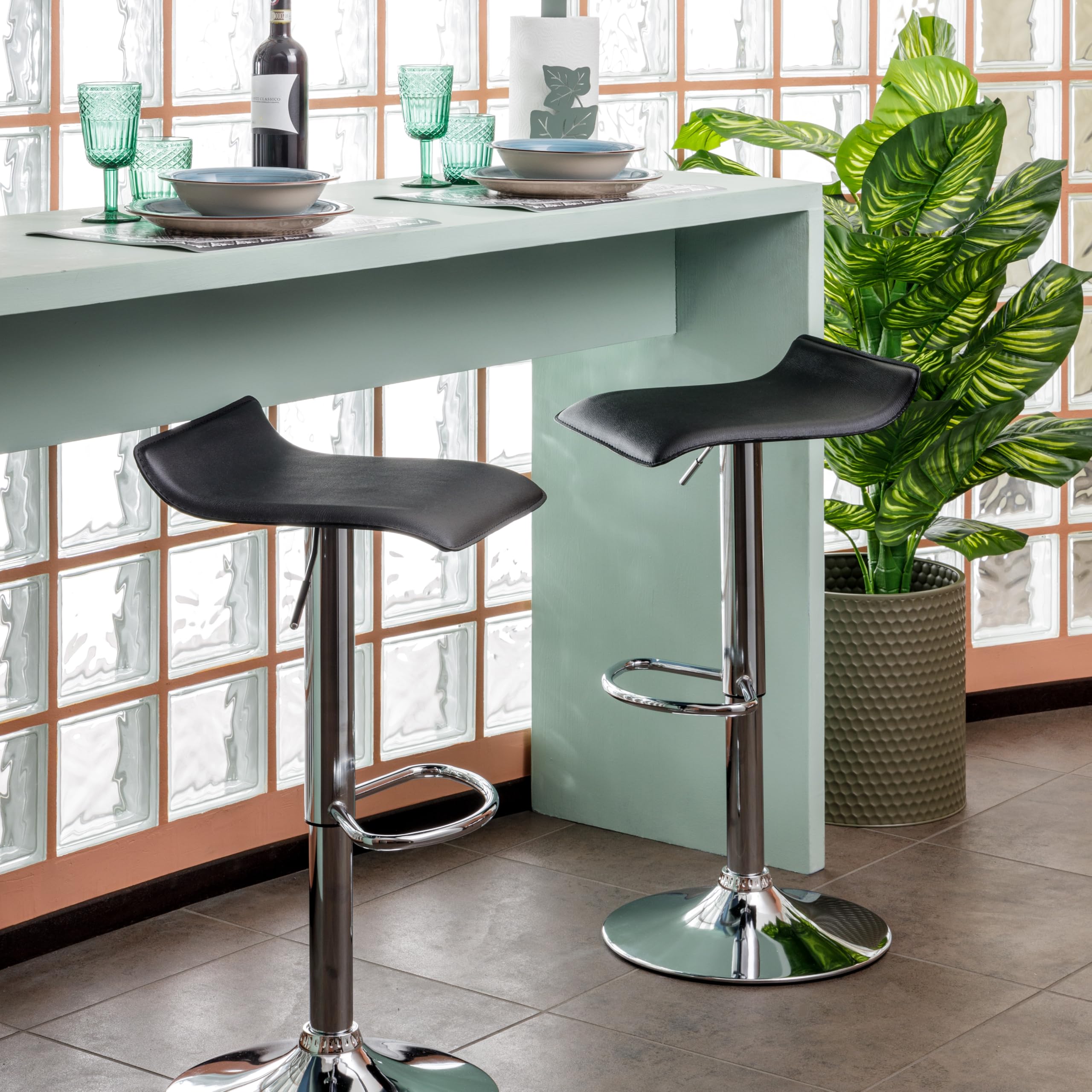 Baroni Home Tabouret de Bar Pivotant avec Hauteur Réglable, Base Chromée avec Repose-Pieds et Fond Anti-Rayures, Tabouret Cuisine et Péninsule, Facile à Installer, 38x45x59-79 cm, Noir 1 pièce