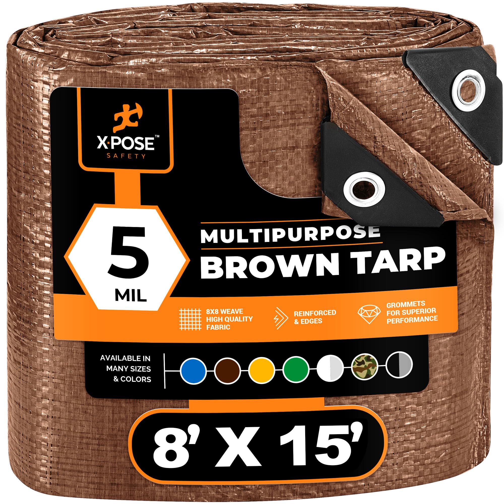 Multipurpose Protective Cover Brown Poly Tarp 8' x 15' - Durable, Water Resistant, Weather Resistant - 5 Mil Thick Polyethylene - by Xpose Safety
