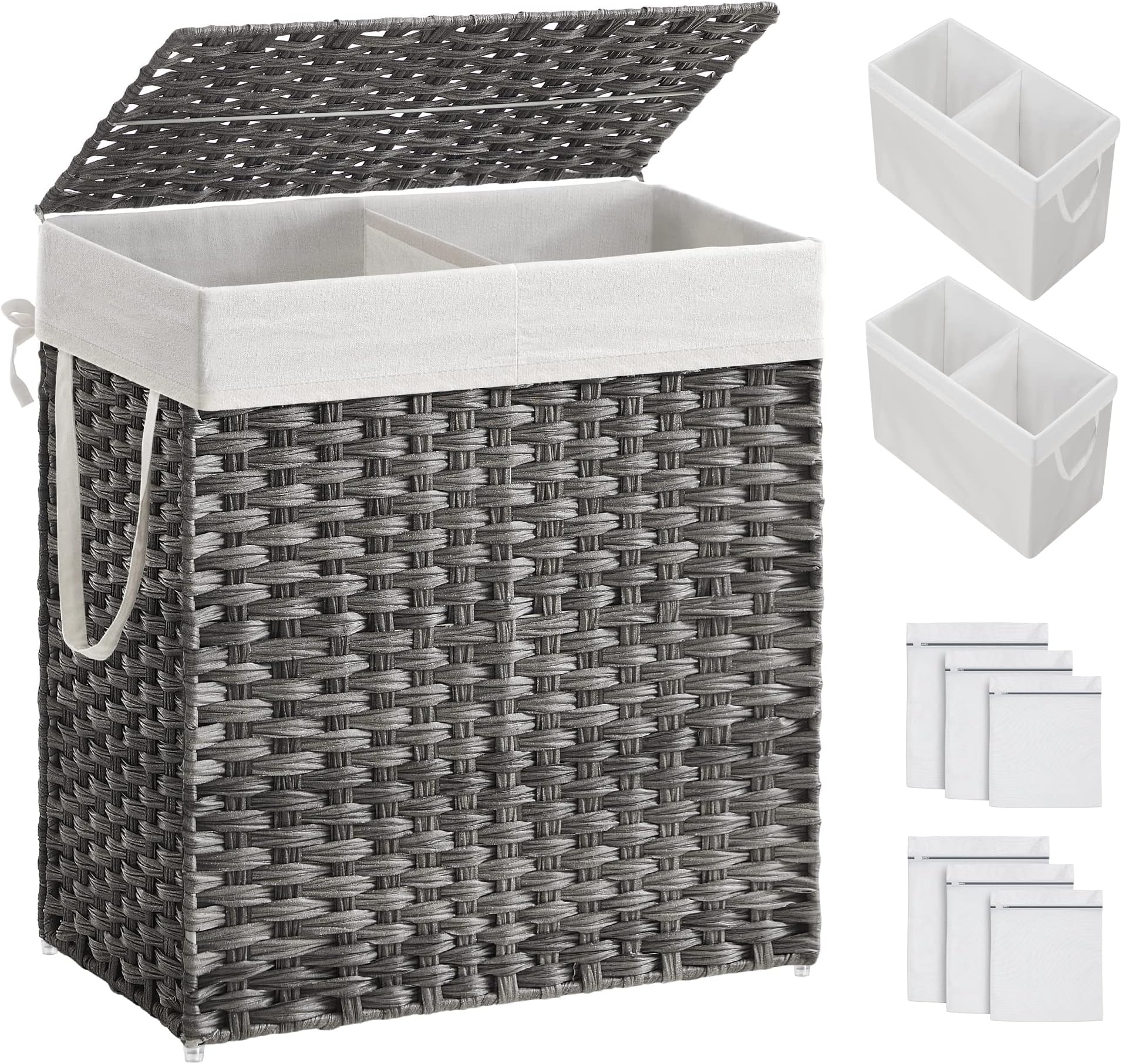 SONGMICS Laundry Basket with Lid, 110L Washing Basket 2 Compartments, Removable Liners with Handles, Handwoven Synthetic Rattan, for Bedroom, Bathroom, Laundry Room, 33 x 57 x 60 cm, Grey LCB52WG
