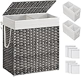 SONGMICS Wäschekorb mit Deckel, Wäschesammler 110 Liter, 2 Fächer, herausnehmbarer Wäschesack mit Griffen, handgeflochten, für Schlafzimmer, Badezimmer, 33 x 57 x 60 cm, grau LCB252G01