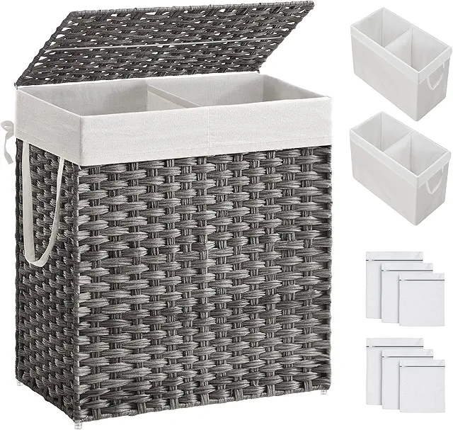 Cesto de Ropa Sucia con Tapa, 110 L, 2 Compartimentos, Bolsa Extraíble, Gris - Cesto Ropa Suja Espaço Casa