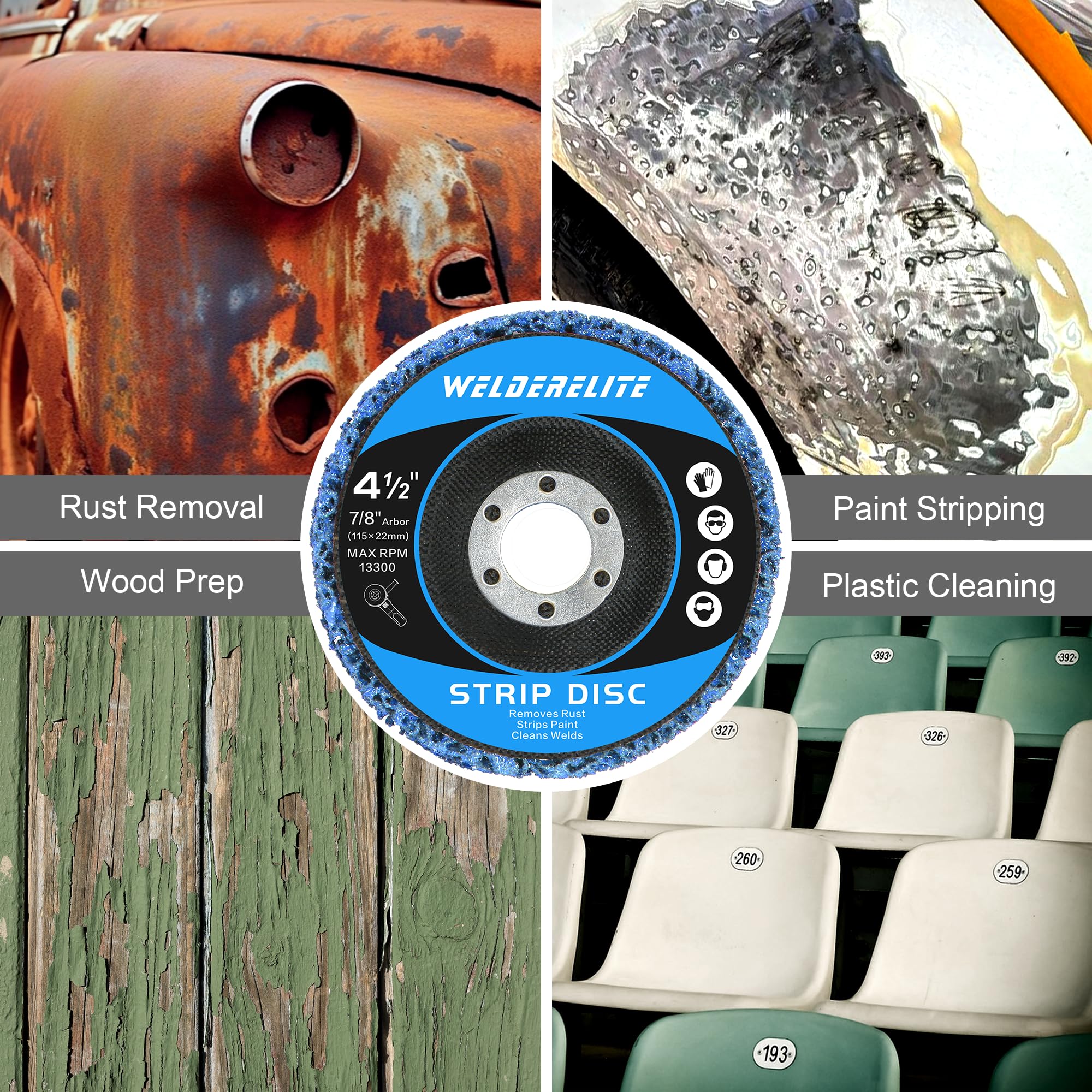 Paquete de 12 discos peladores azules para amoladora angular de 4-1/2 x 7/8 pulgadas, eliminación de óxido de pintura y contaminantes para superficies de metal, madera y plástico