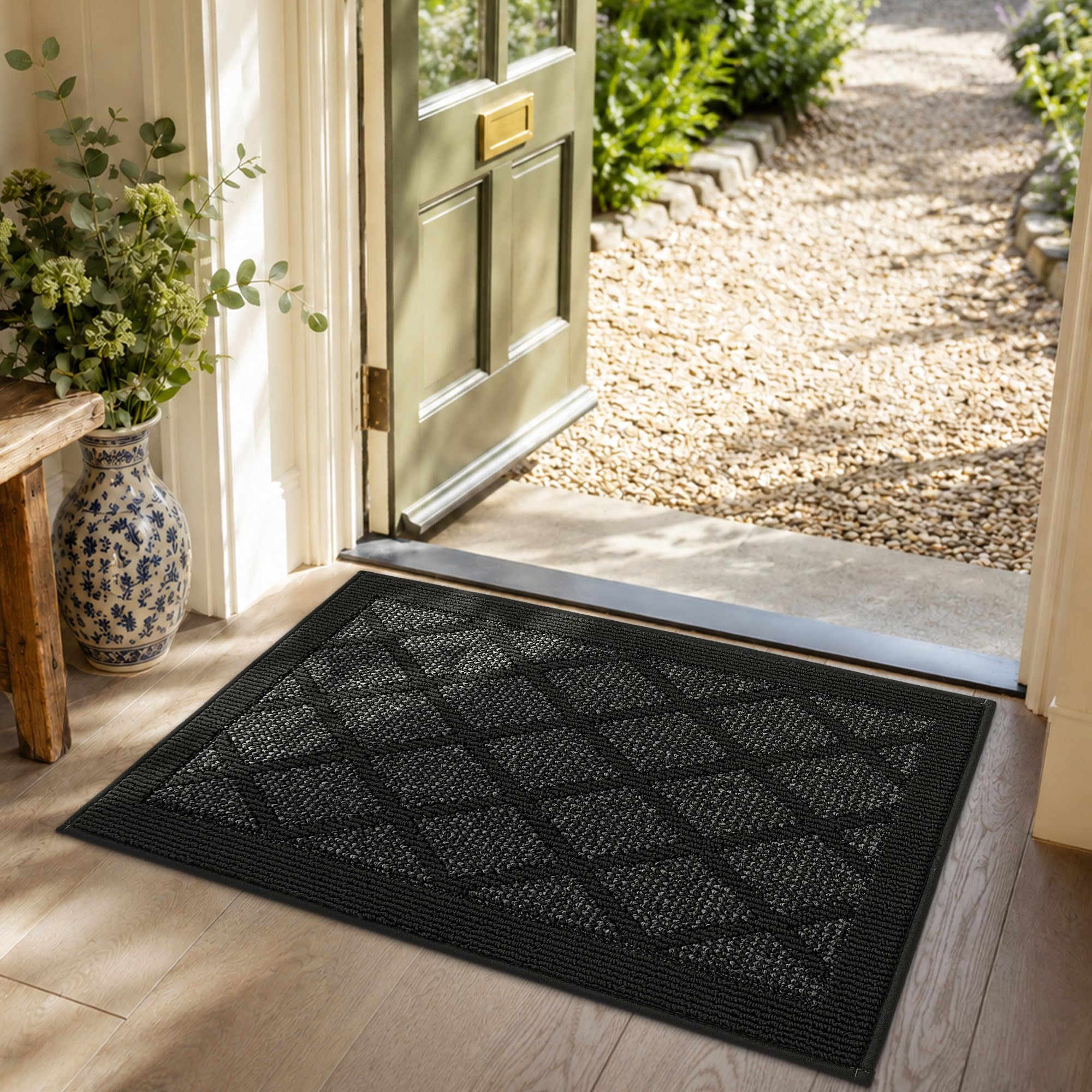 COSY HOMEER Indoor Door Mat Non Slip Floor Rug, Absorbent Dirt Trapper Door Matts, Machine Washable Floor Mat for Inside Hallway Kitchen Entrance,1cm Low Profile, Crease-Free Rolled, 50x80 cm, Black