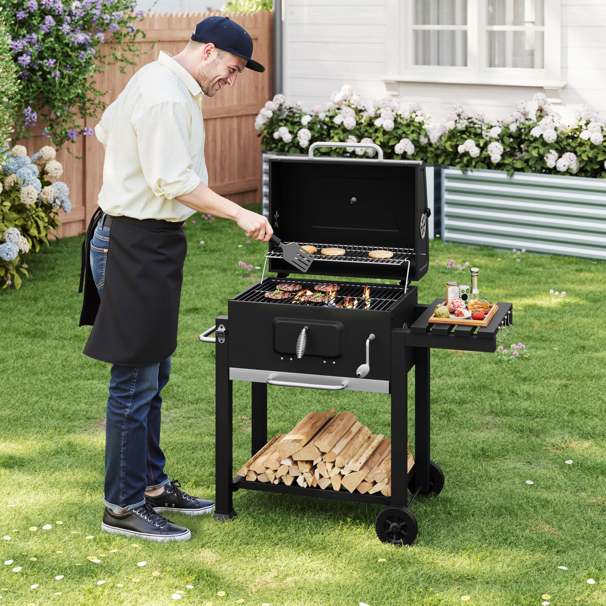WOLTU Barbecue Portatile a Carbonella, Griglia a Carbone, Coperchio e Termometro, con Ruote e Ripiani, Carrello per Barbecue da Campeggio, Picnic e all'Aperto, 117x71x107cm, Nero