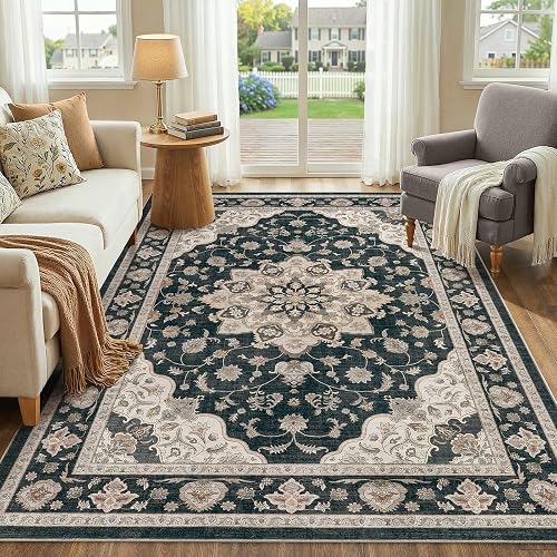 WITSHOCK 5x7 Washable Floral Boho Rug Dark Teal