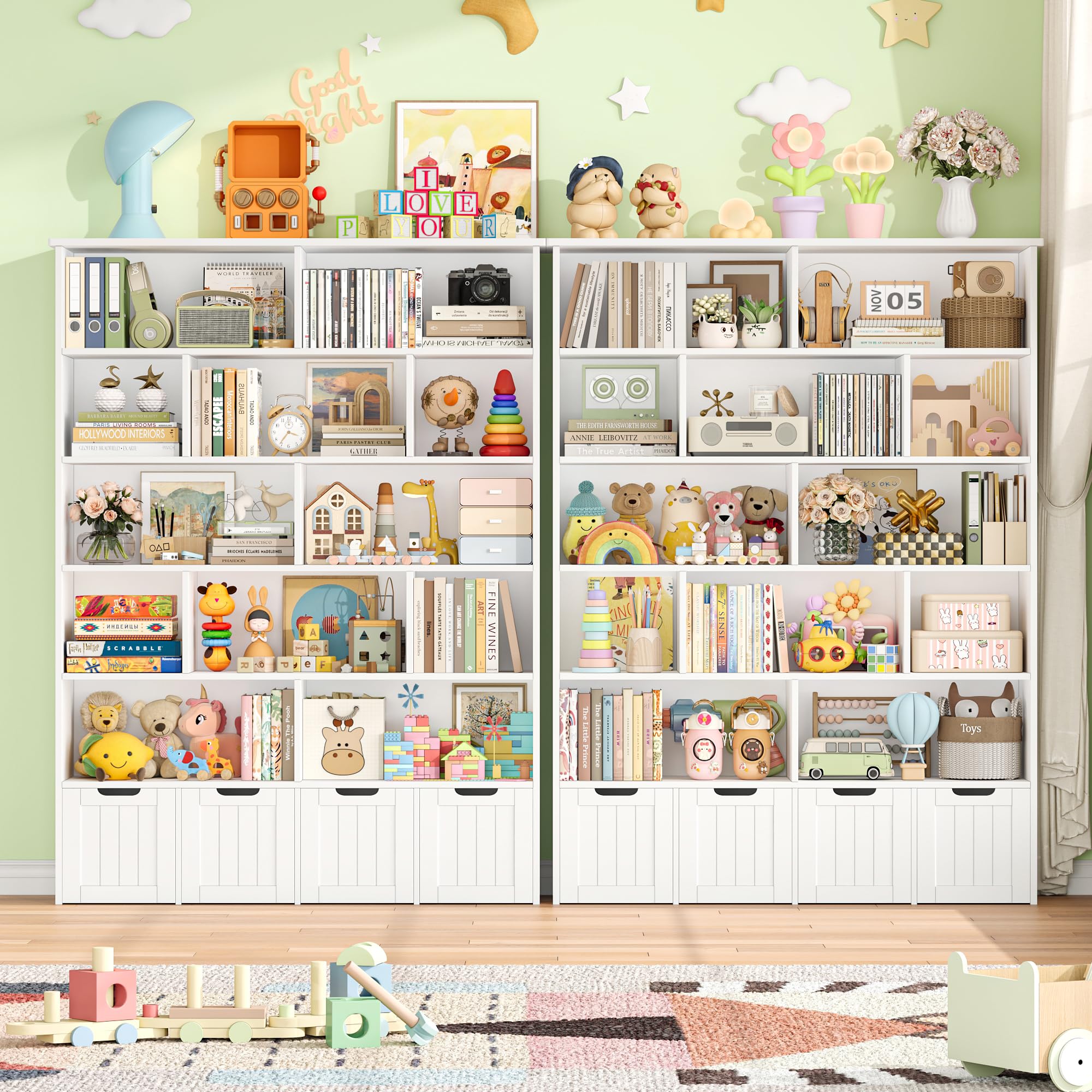 FOREHILL Meuble de Rangement Enfant Bibliothèque Enfant avec 13 Étagères 4 Tiroirs Roulants Rangement Jouet pour Chambre d’Enfant Salle de Jeu 125.5x33x175cm Blanc