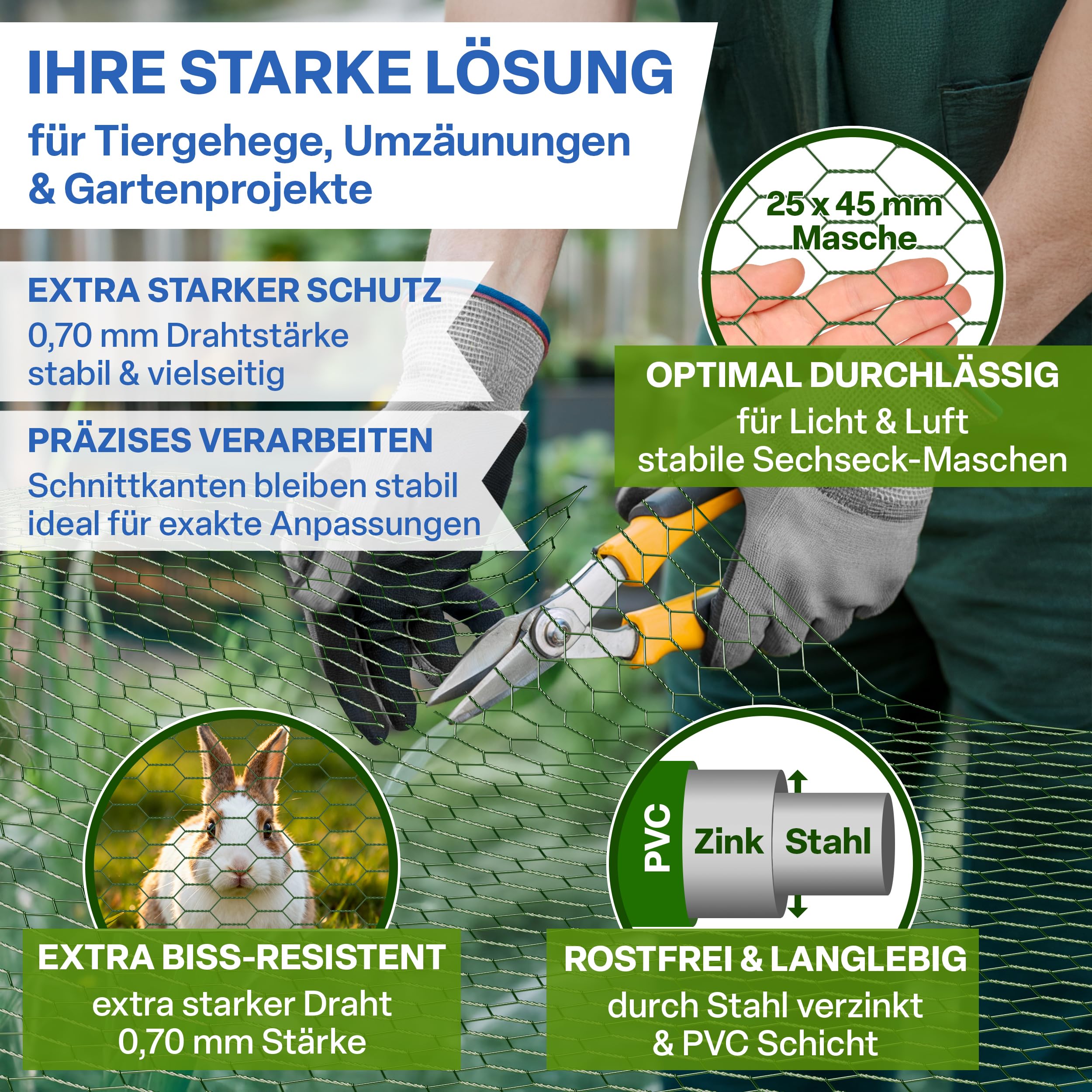TTL GARDEN 1x25m Hasendraht 25x45mm Masche grün PVC beschichtet - rostfrei 0,70mm Draht Stärke Rolle feinmaschig Drahtgitter Kaninchendraht Zaun Gitter Maschendrahtzaun 25m x 1m breit grün