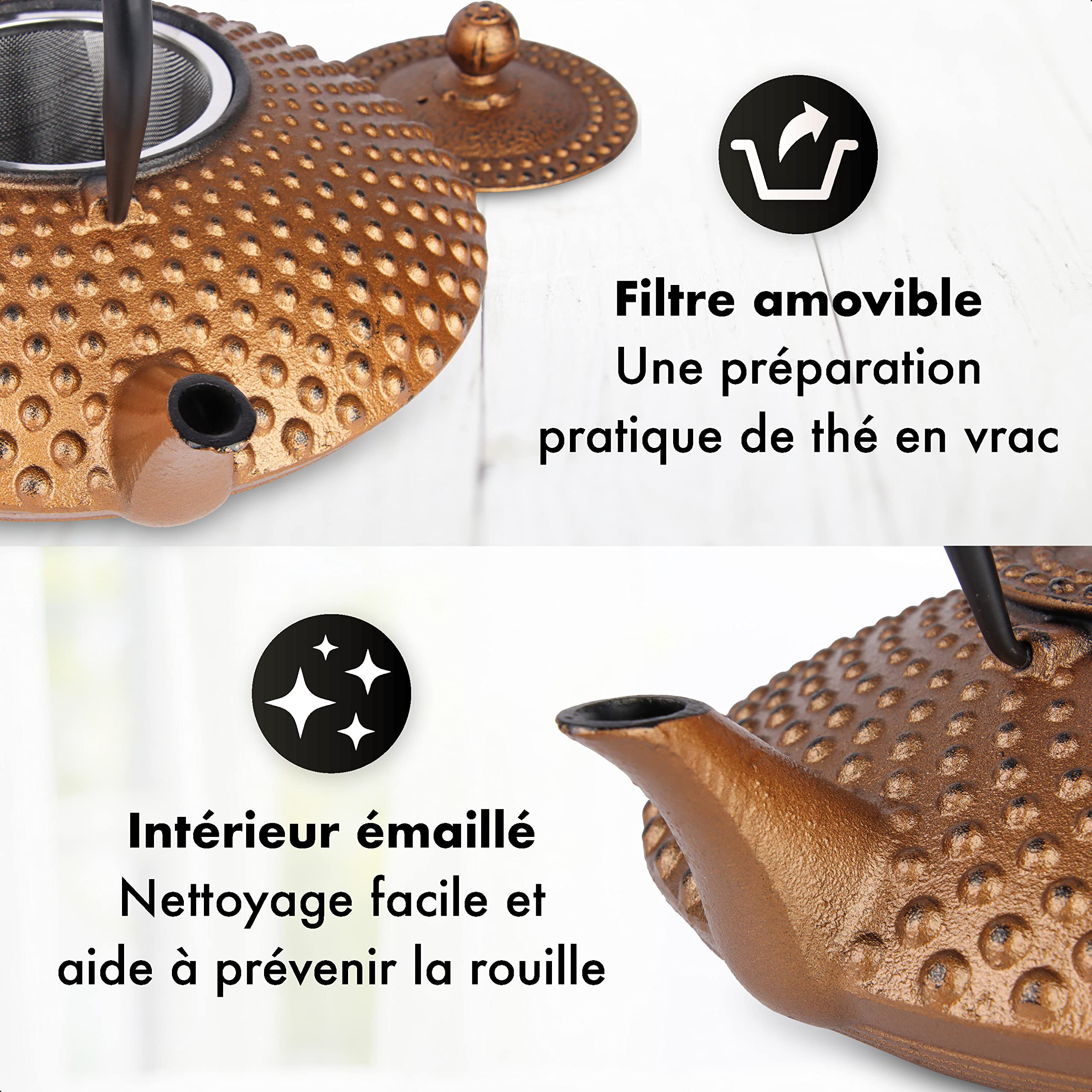 Kambin THEIERE FONTE1,25 LITER - Théière en Fonte avec Infuseur - Entièrement émaillée de l'intérieur - Prépare Une Tasse de Thé Parfaite – Design Authentique Japonais à Picots - Cuivre