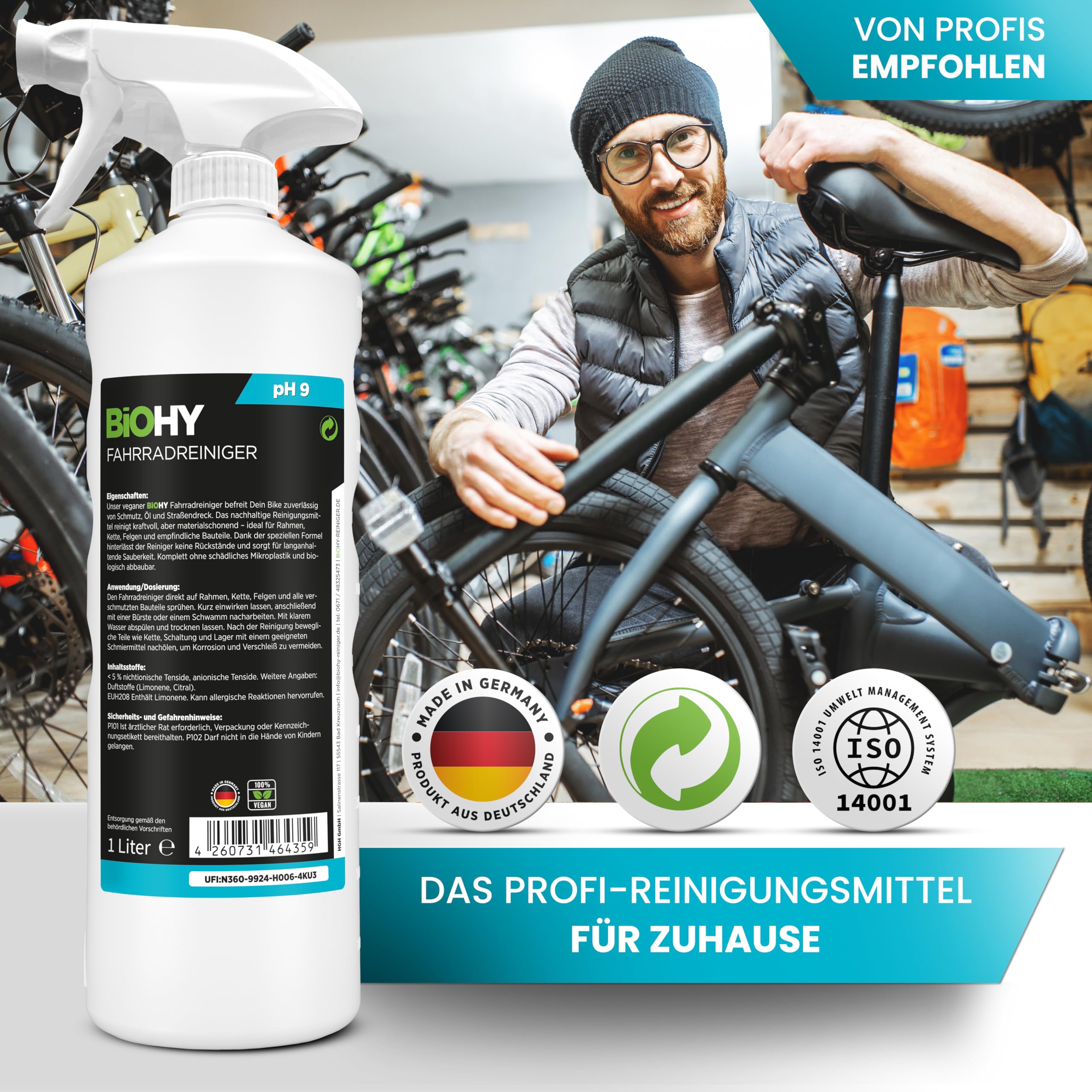 BiOHY Limpiador de bicicletas (6 x 1 litro) | Espuma altamente eficaz | Biodegradable | Ideal para bicicletas eléctricas y todas las bicicletas | Spray de limpieza