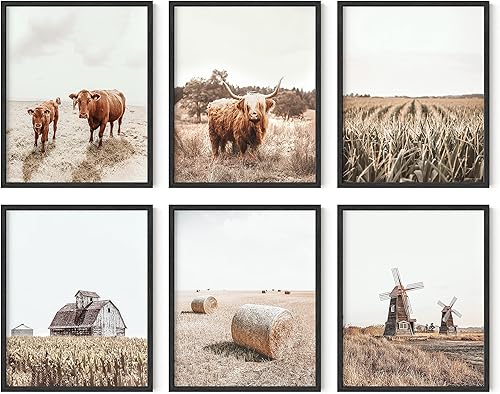HAUS AND HUES Juego de 6 obras de arte de granja, arte de pared de vaca, arte de pared enmarcado, cuadros de granero, decoración de pared de vaca,